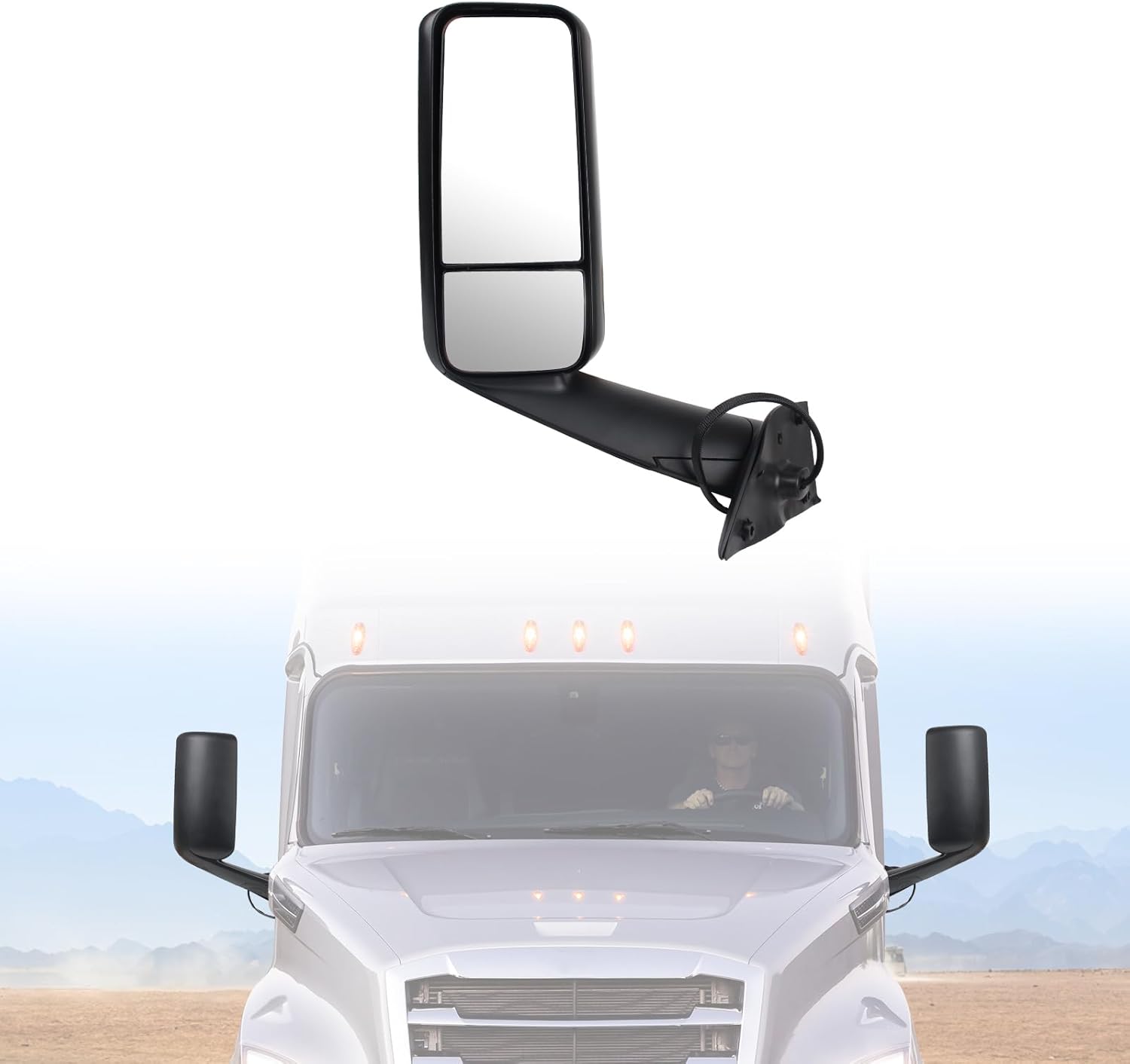 Door Mirror with Arm Replacement for 2018-2024 Freightliner Cascadia,Semi Trucks Freightliner Cascadia Accessories,Motorized with Heater,Black,Driver/Left Side