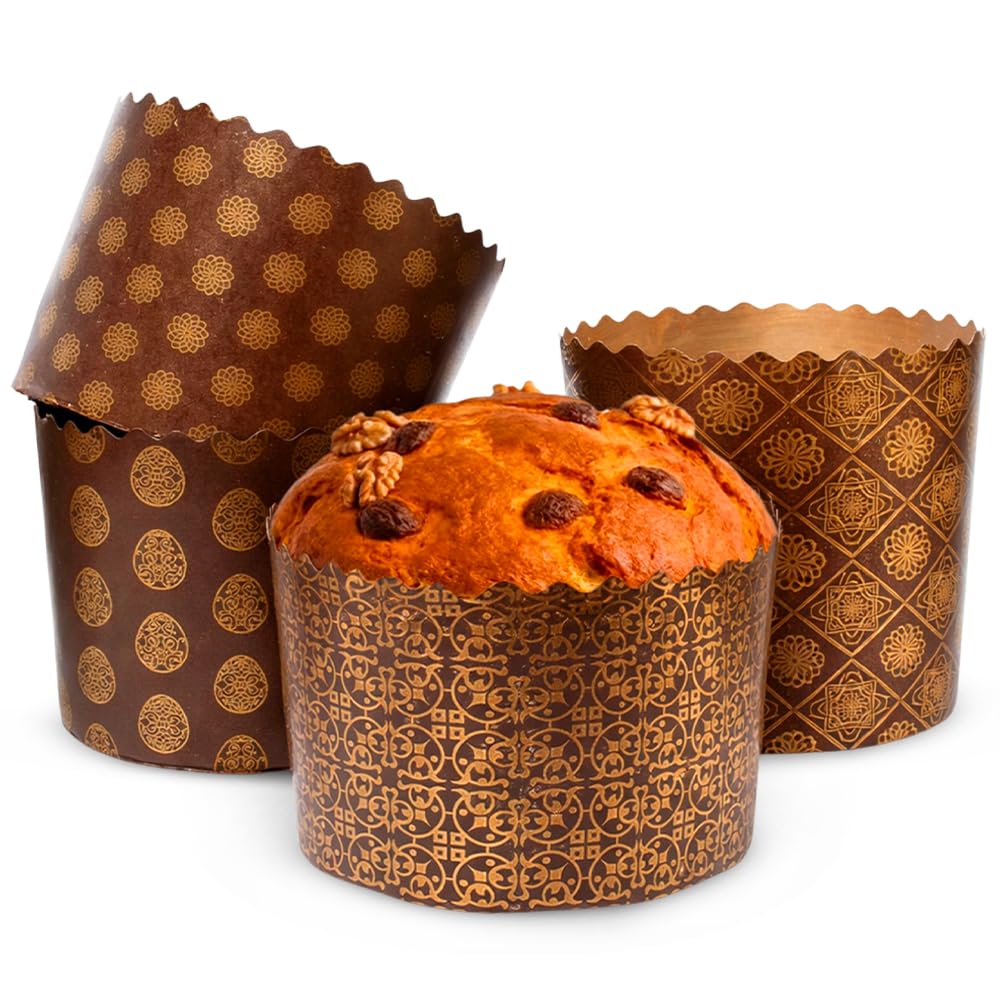 SHSH trade group 12 oz Round Panettone Paper Mold | 12 Pack | Non Stick Traditional Easter Bread Baking Forms – Golden-Bird Brown Design W 4.33 x H 3.35-In