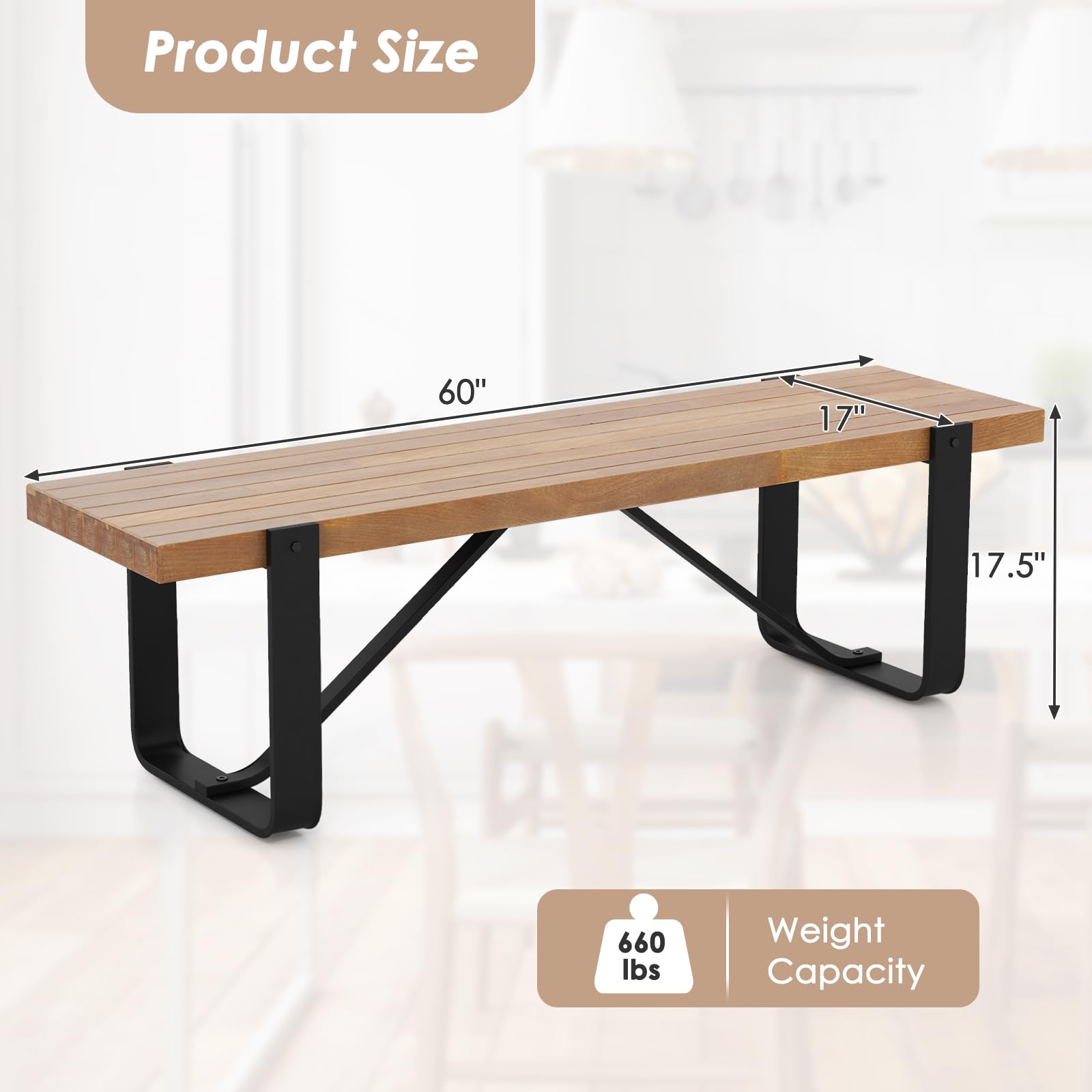 GIANTEX 60" Dining Bench for 30-Person, Long Entryway Bench Seat with Metal Frame, 660 Lbs Capacity, Farmhouse End of Bed Bench for Living Room, Bedroom, Dining Room, Brown
