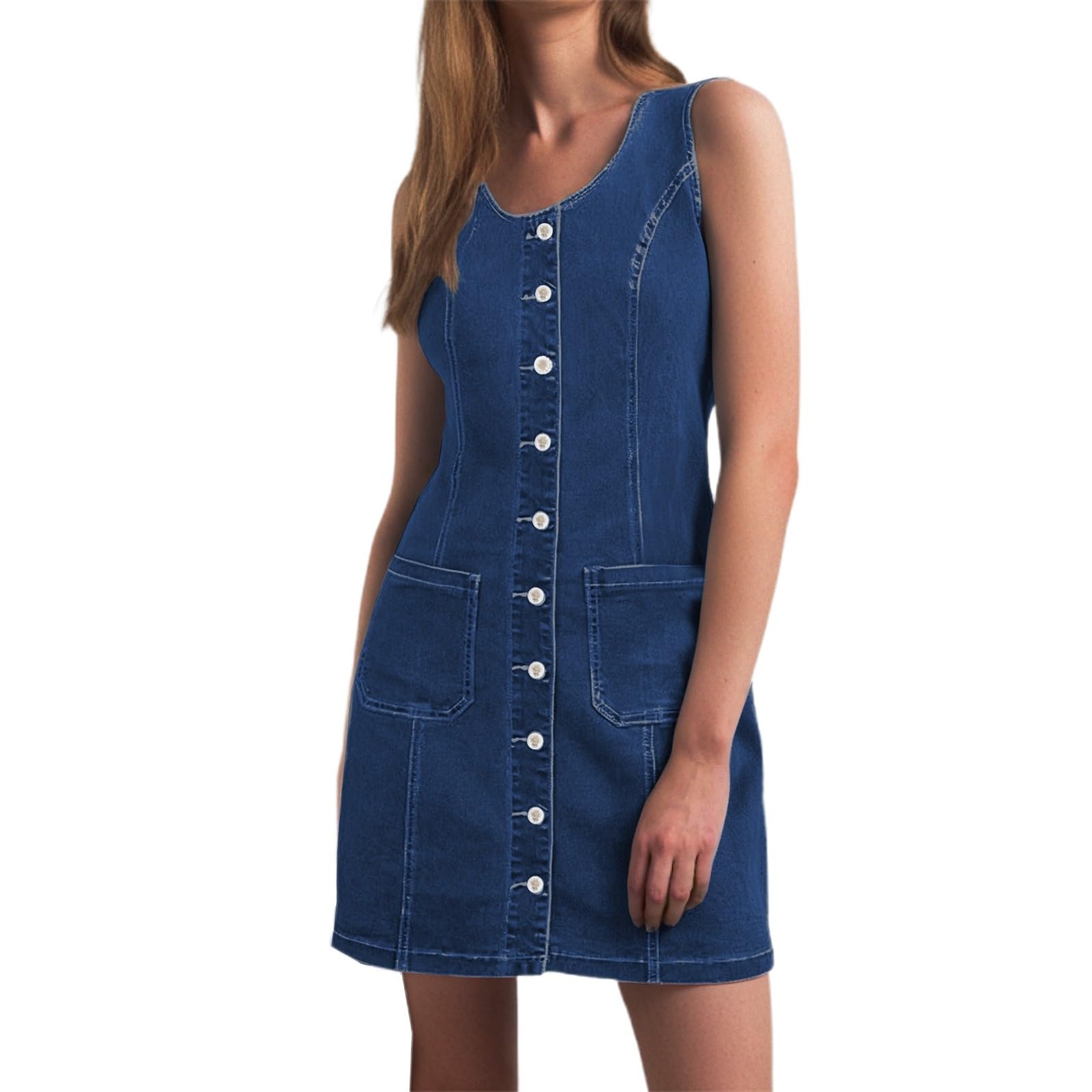 Generisch Robe en jean sans manches pour femme - Mini robe d'été extensible avec col rond - Style vintage - Avec boutonnière - Avec poche plaquée - Robe courte