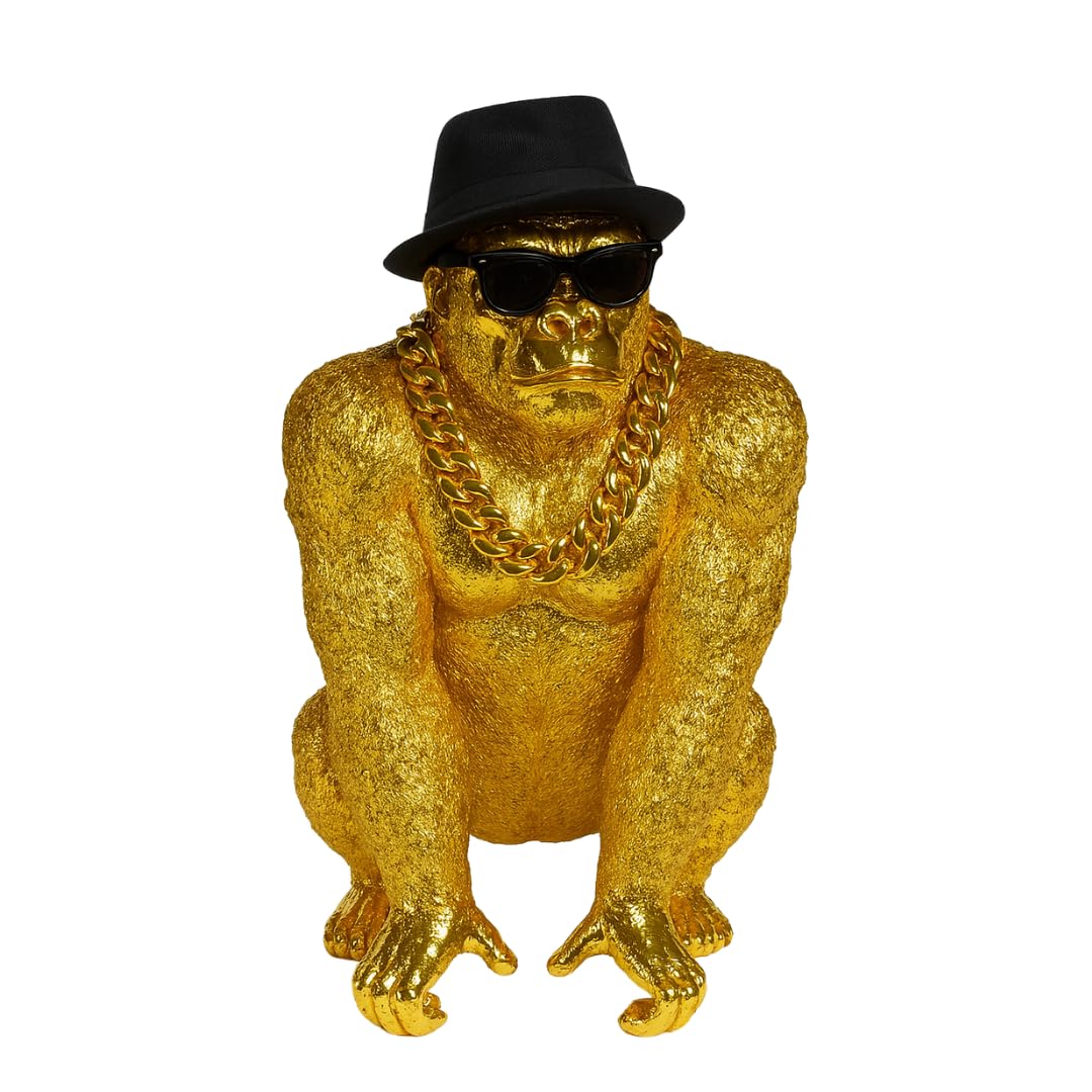 Bongo Gold – Statue Gorilla Gold Premium Dekofigur mit Brille & Kette Gold – Skulptur Design XXL – außergewöhnliche französische Kreation für Wohnzimmer Büro (Gold)
