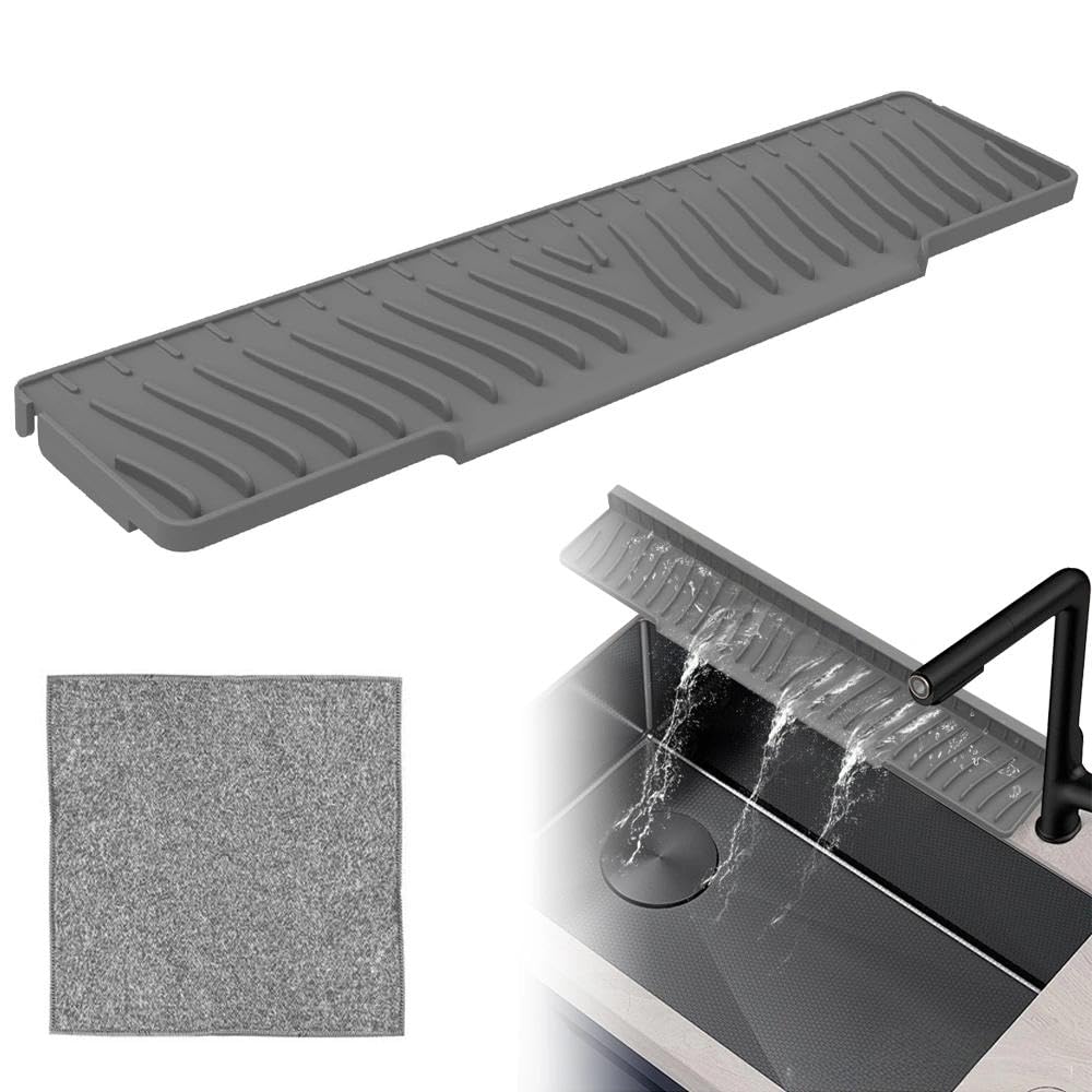 Grey Sink Splash Guard for Sink Tidy Kitchen Sink Splash Guard 45x10x1.3cm Splash Mat Sink Mat Silicone Draining Mat for Kitchen Bathroom Farmhouse Bar Drip Protector Splash Countertop