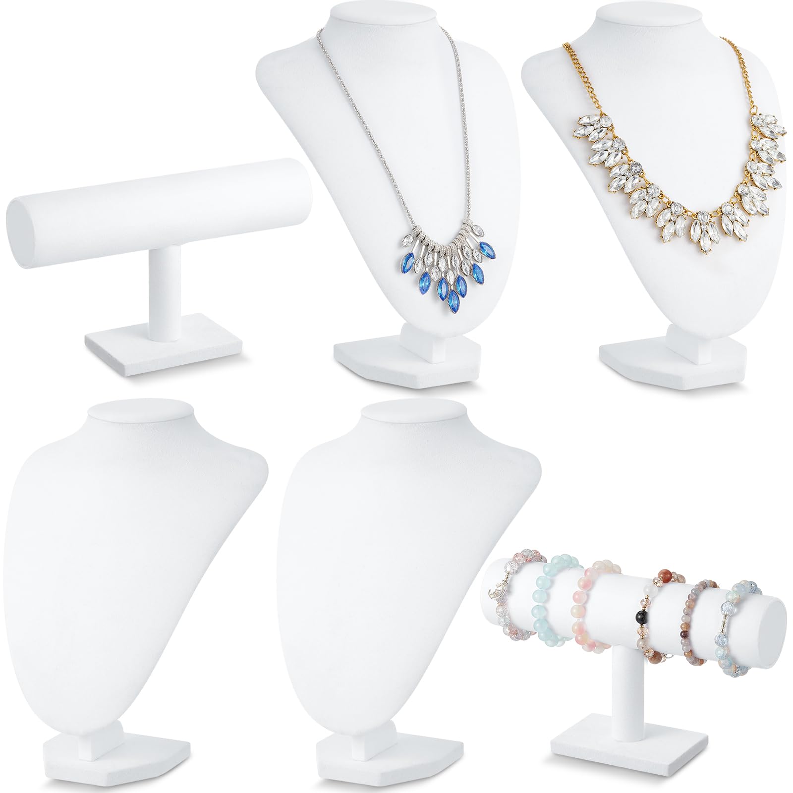 Huquary 6 Pcs Jewelry Display Set Necklace Display Stand T Bar Bracelet Holder Jewelry Bust for Home Store Trade Show(White)