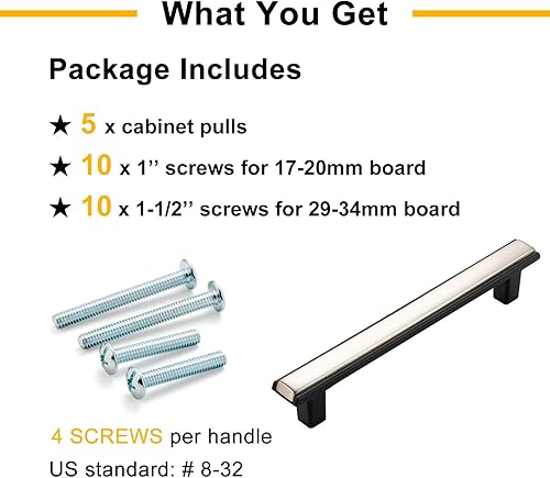 Miniatura 6 de Manijas de gabinete de cocina de níquel y negro, níquel cepillado y negro mate, paquete de 5 manijas de gabinete de cocina de 3-34 pulgadas,