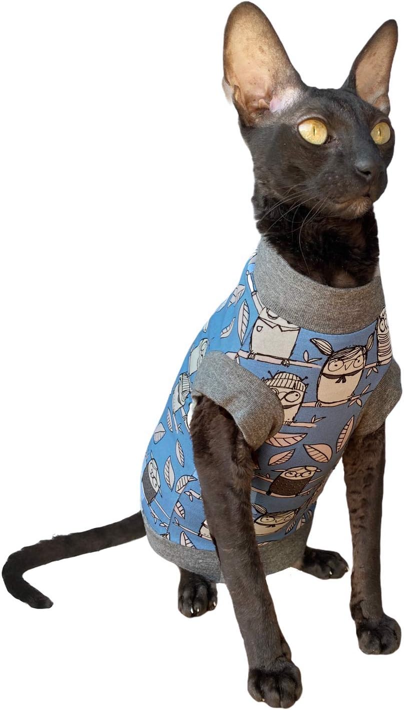 Kotomoda Cat's T-shirt Tender Owl Blue for Sphynx and naked cats (XL), Blue Owls - Image 5