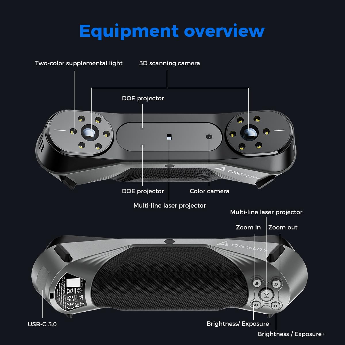 Creality Scanner 3D Raptor avec précision de qualité métrologique de 0,02 mm, 7 laser bleu, suivi anti-secousses, vitesse de numérisation jusqu'à 60 fps