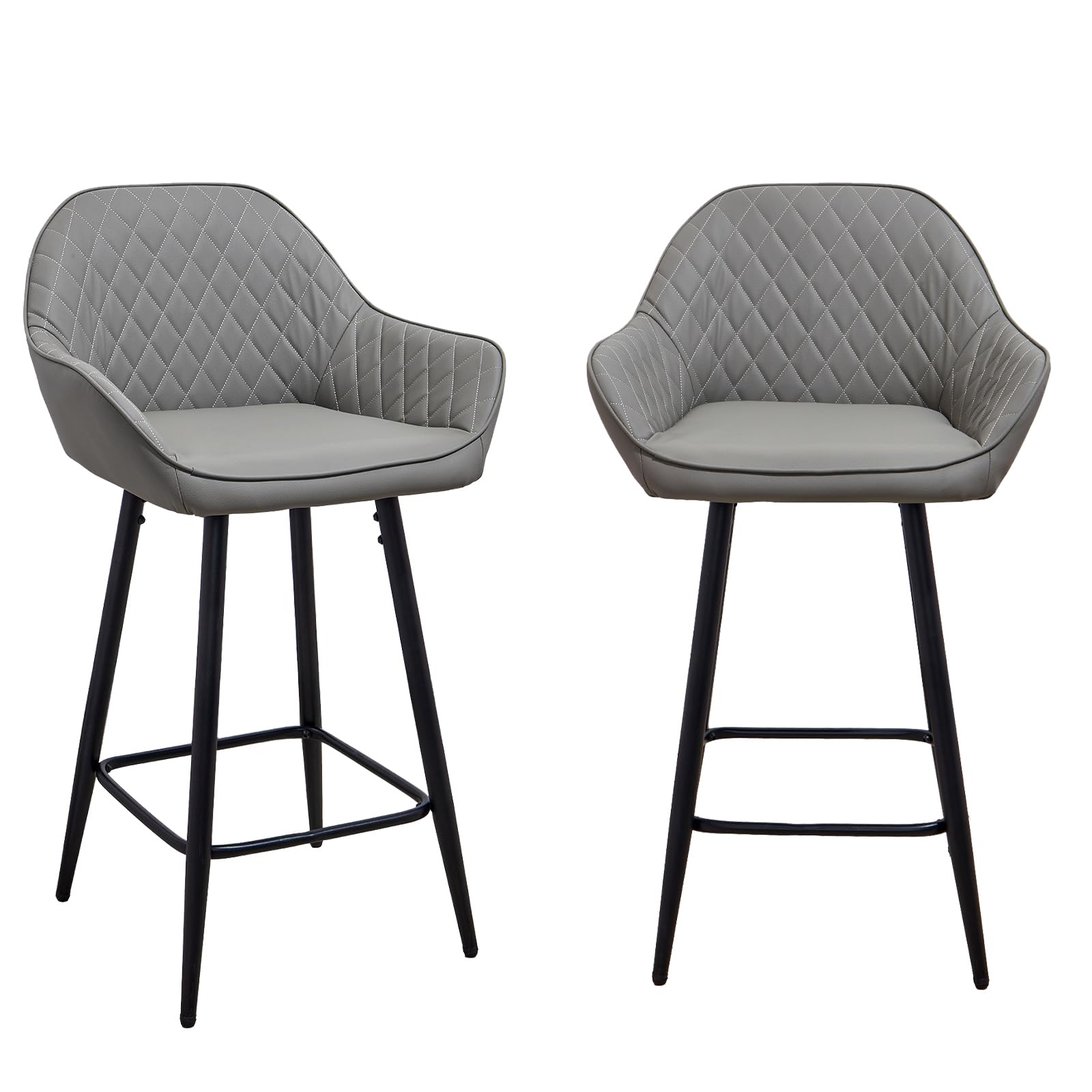 Panana Set of 2 Kitchen Bar Stools with Mid Armrests and Metal Legs Faux Leather Seat (Grey)