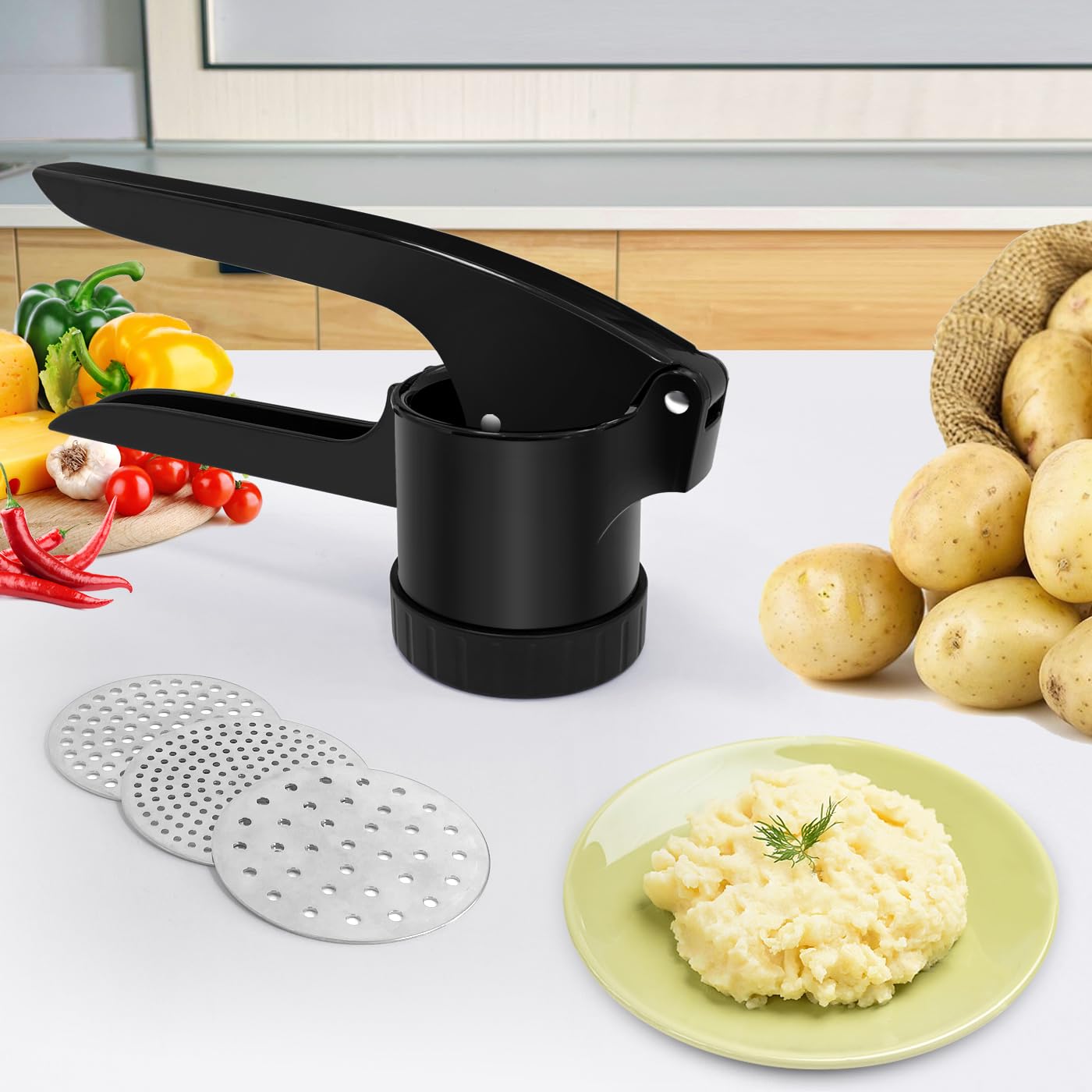 LHS Kartoffelpresse Kartoffelstampfer Kartoffelstampfer für Kartoffeln mit 3 austauschbaren Scheiben, Große Kapazität Kartoffelstampfer und Ricer Küchenwerkzeug für Obst, Gemüse, Babynahrung, Schwarz