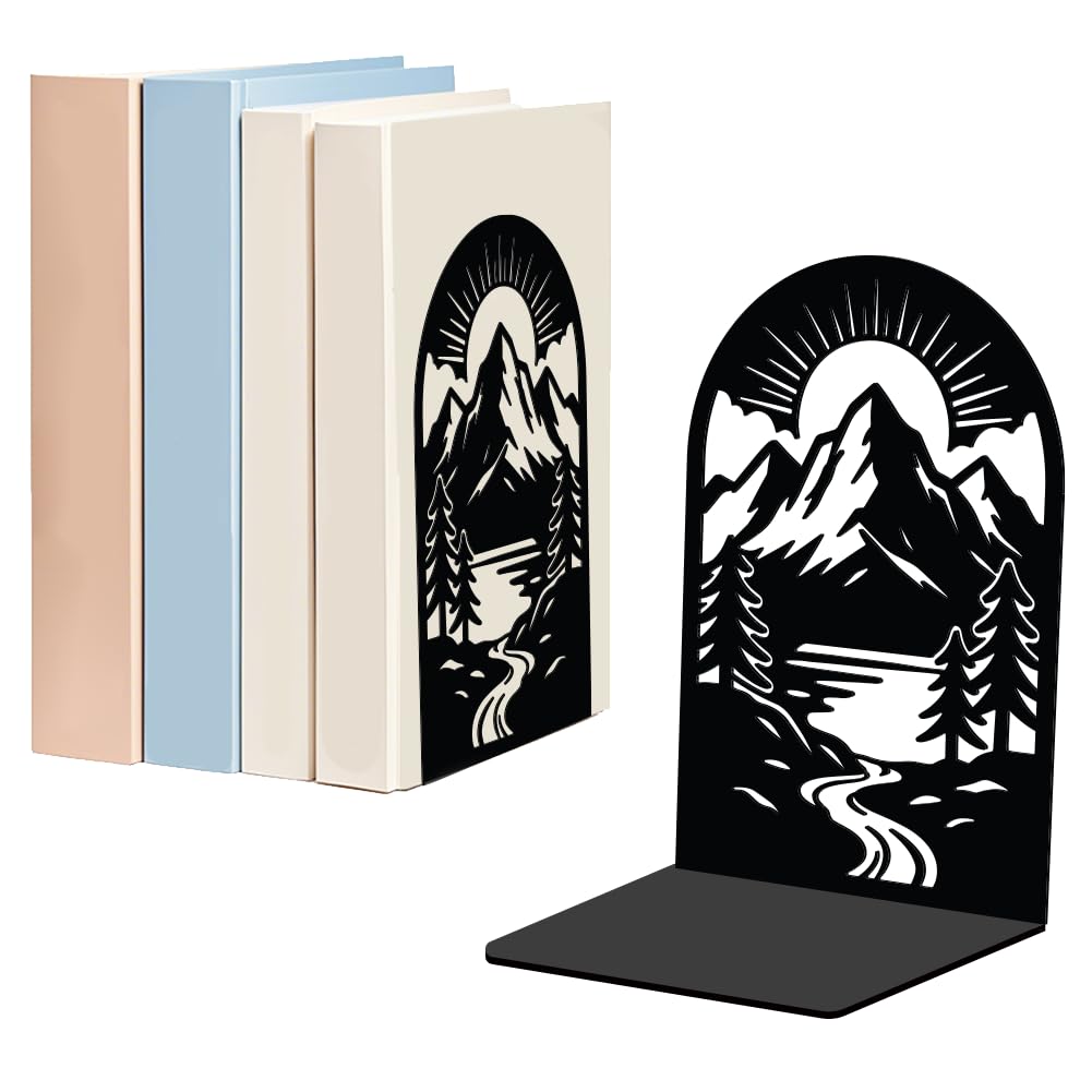 WADORN 1 Pair Mountains Metal Decorative Bookend for Shelves, Heavy Duty Book Ends Modern Non-Skid Books Holder Stand Book Support Stoppers for Home Office Desk Bookshelf, 5.3x4.3x7.8 Inch