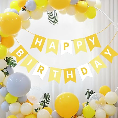 Miniatura 4 de Cartel de feliz cumpleaños amarillo con texto en inglés Happy Birthday para niños, niñas, mujeres, cumpleaños, decoración de fiesta de té,