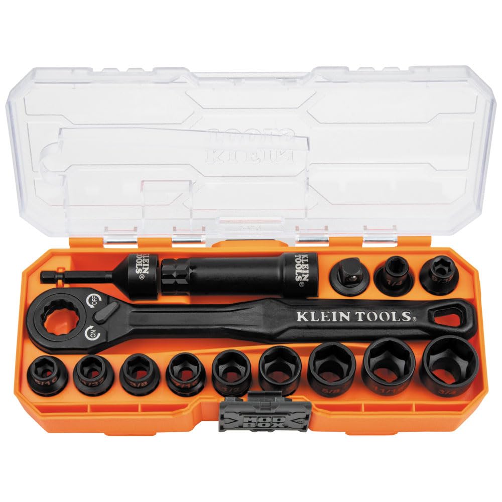 Klein Tools 65400 KNECT 15-Piece Impact Rated Pass Through Socket Set with MODbox Case, Sockets, Bits, Accessories and 3/8-Inch Drive Adapter