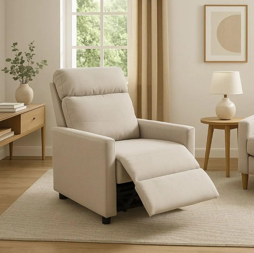 SHIITO | Sillón Reclinable Manual Duna JC, Tapizado en Tela Beige, Respaldo Alto con 3 Posiciones, 100 x 80 x 66 cm, para Salón y Dormitorio