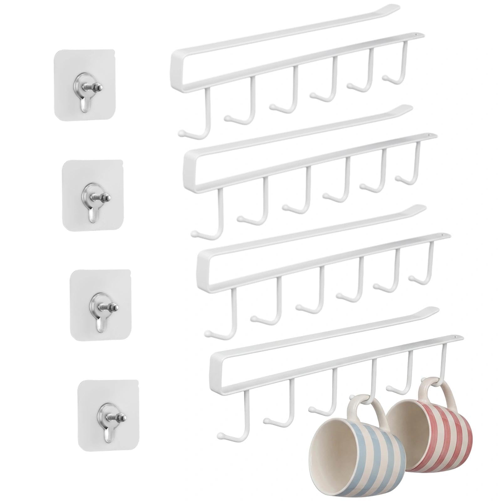 4 Pezzi Porta Tazzine da Caffè Salvaspazio Porta Tazze da Appendere Senza Forare Mutifunctiona Appendi Tazze Sottomensola per tazze da caffè, tazze da tè, cucchiai, utensili da cucina（Bianco）