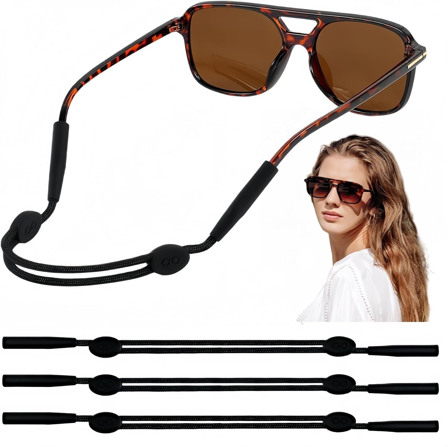 Sponsored Ad - GZJ Eye Glasses Strap, 3 Pcs No Tail Adjustable Sunglasses Strap Holder for Women Men Kids, Eyeglass Holders Around Neck, Eyewear String Lanyard Retainer (Black, 8-14 in)