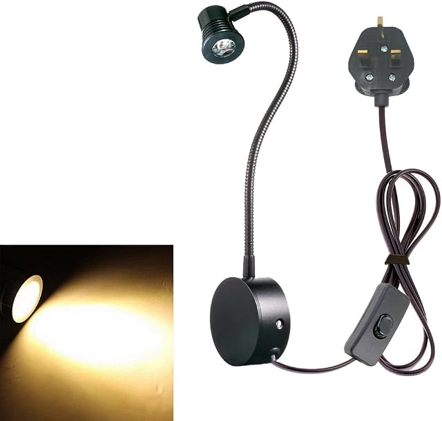 Onerbuy LED Task Lights Flexible Arm Reading Desk Lamp Wall Mount Sconce Light with Plug and On/Off Switch for Office, Bedside, Study (Black-Warm White)