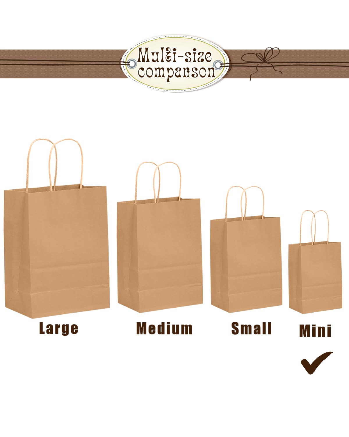 Bakepacker 100 Pcs Brown Mini Paper Gift Bags with Handles 6"x4.5"x2.5" Kraft Party Favor Bags Multiple Uses (Mini size)