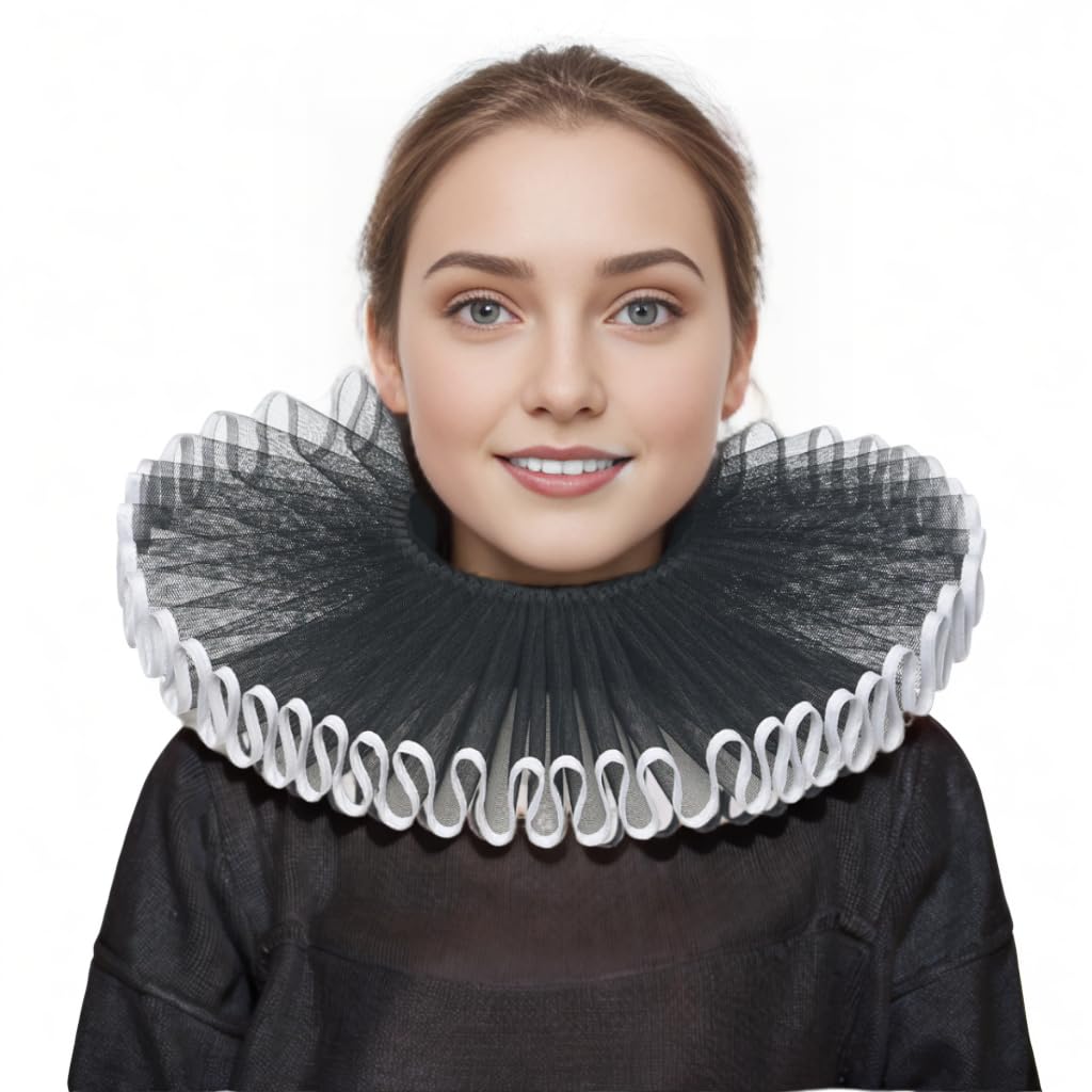 BPURB Renaissance Elisabethan Ruff Collar Neck Ruffle Collar Clown Collars, Black-White, One Size, Style C-Black-White