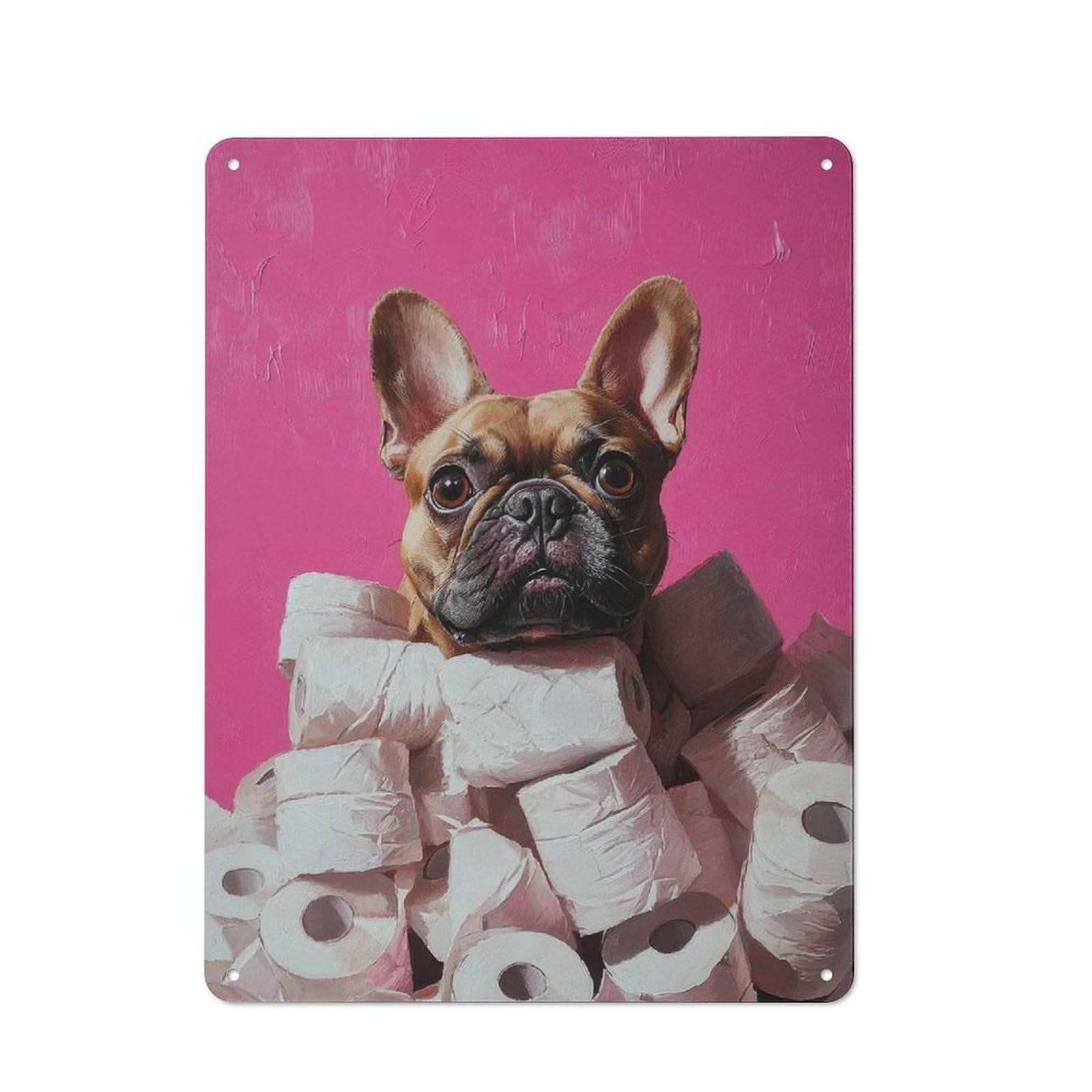 Junmoney French Bulldog In Toilet Paper Mountain Fren Chie Toilet Paper Rustic Metal Plaque 40X30cm For Lounge Or Reading Corner, For Home Office, Studio And Craft Room Walls