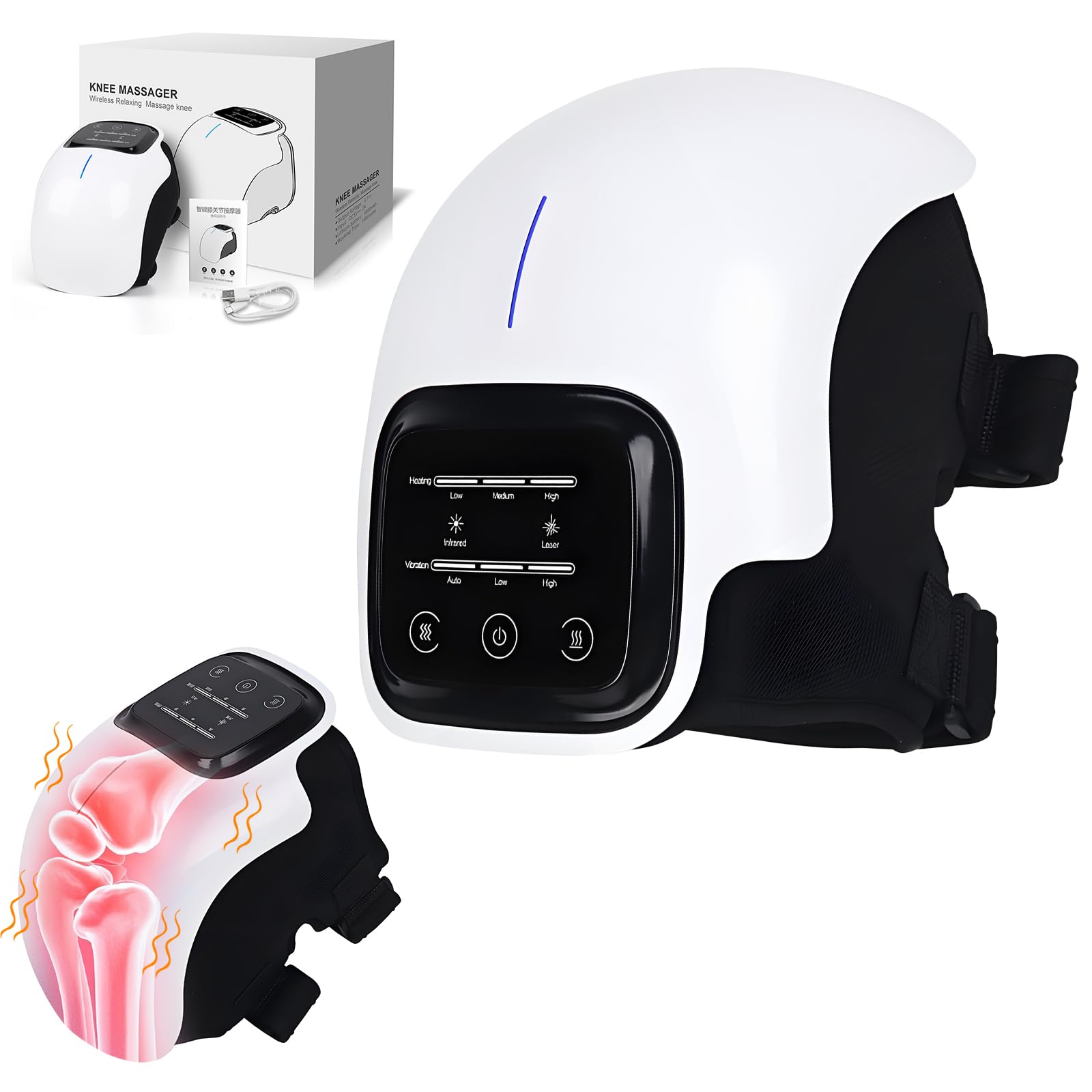 Heizbares Kniemassagegerät, kabellos, Massagegerät für Arthritis, 3000 mAh, 3 einstellbare Modi, 40 – 55 °C, für Schwellungen, Spannung, Banddehnung, Muskelverletzung (A)