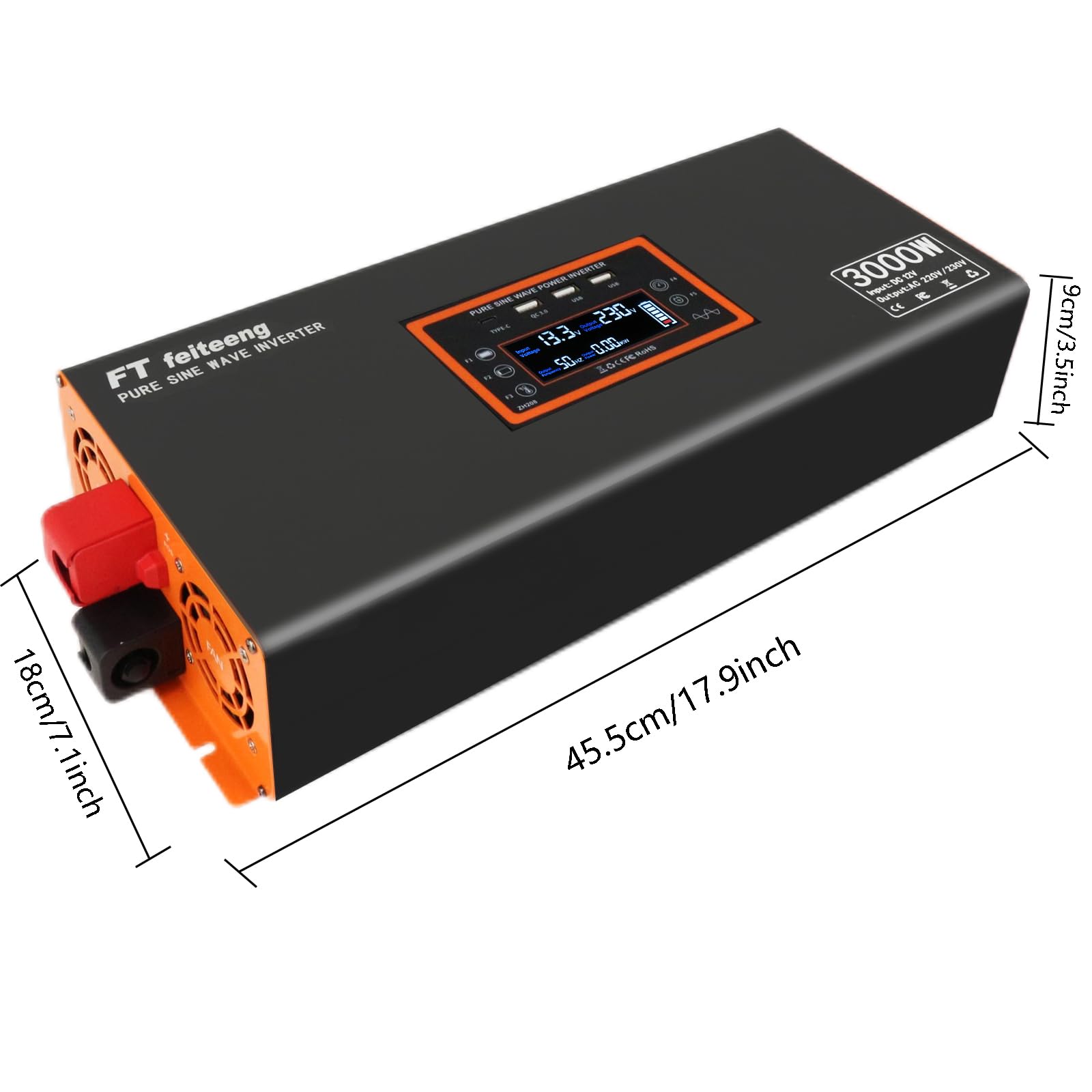 Invertitore di potenza sinusoidale puro da 3000 W, convertitore AC da 12 V DC a 220 V/230 V con display LCD, connettore USB-C e porta QC 3.0 per veicoli di emergenza da campeggio, camion