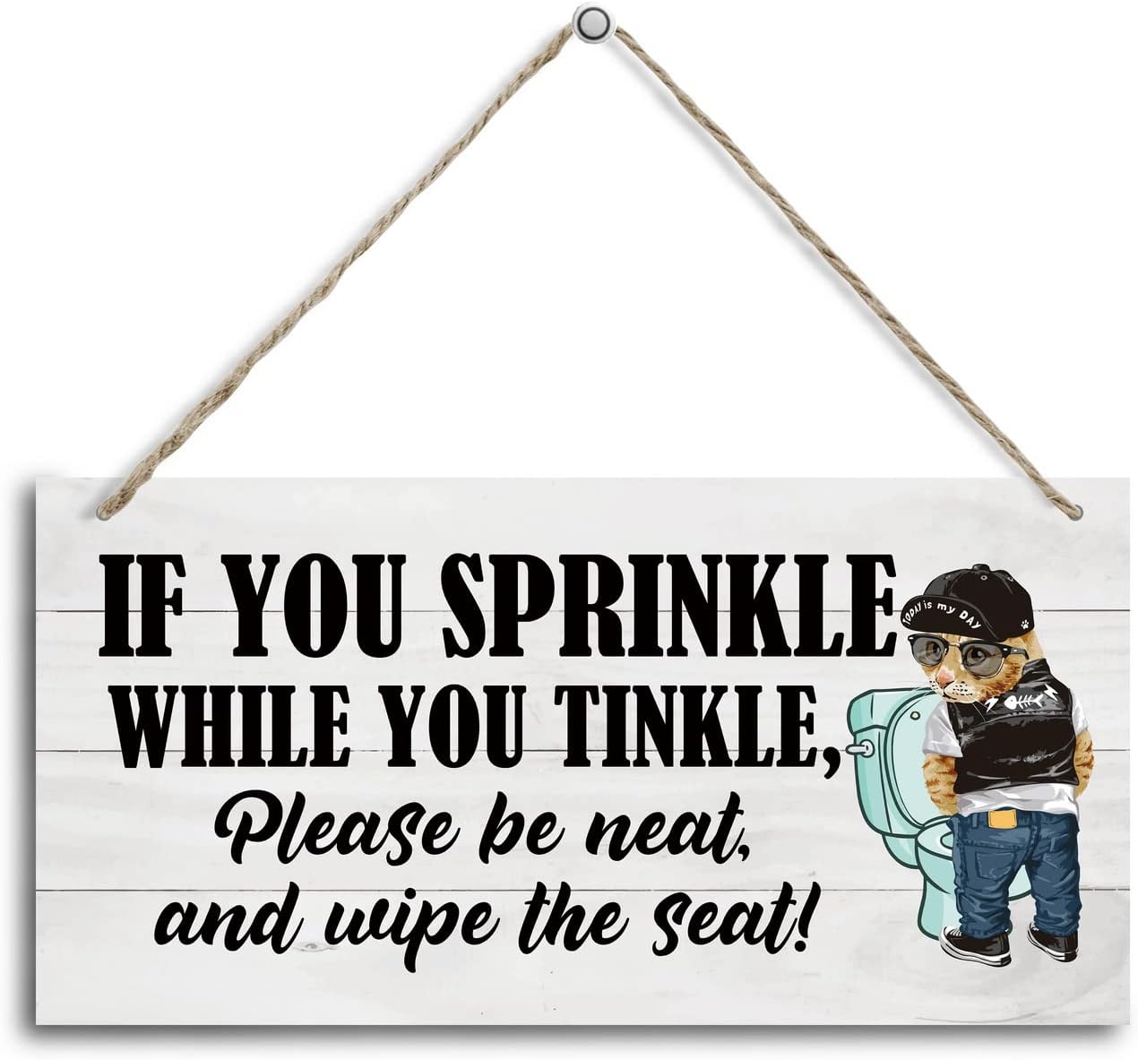Funny Toilet Wood Decor Sign, If You Sprinkle While You Tinkle Please Be Neat Wipe the Seat! Hanging Printed Wooden Plaque Décor, Bathroom Wall Décor, Wood Wall Sign for Public Restroom 12x6 inch