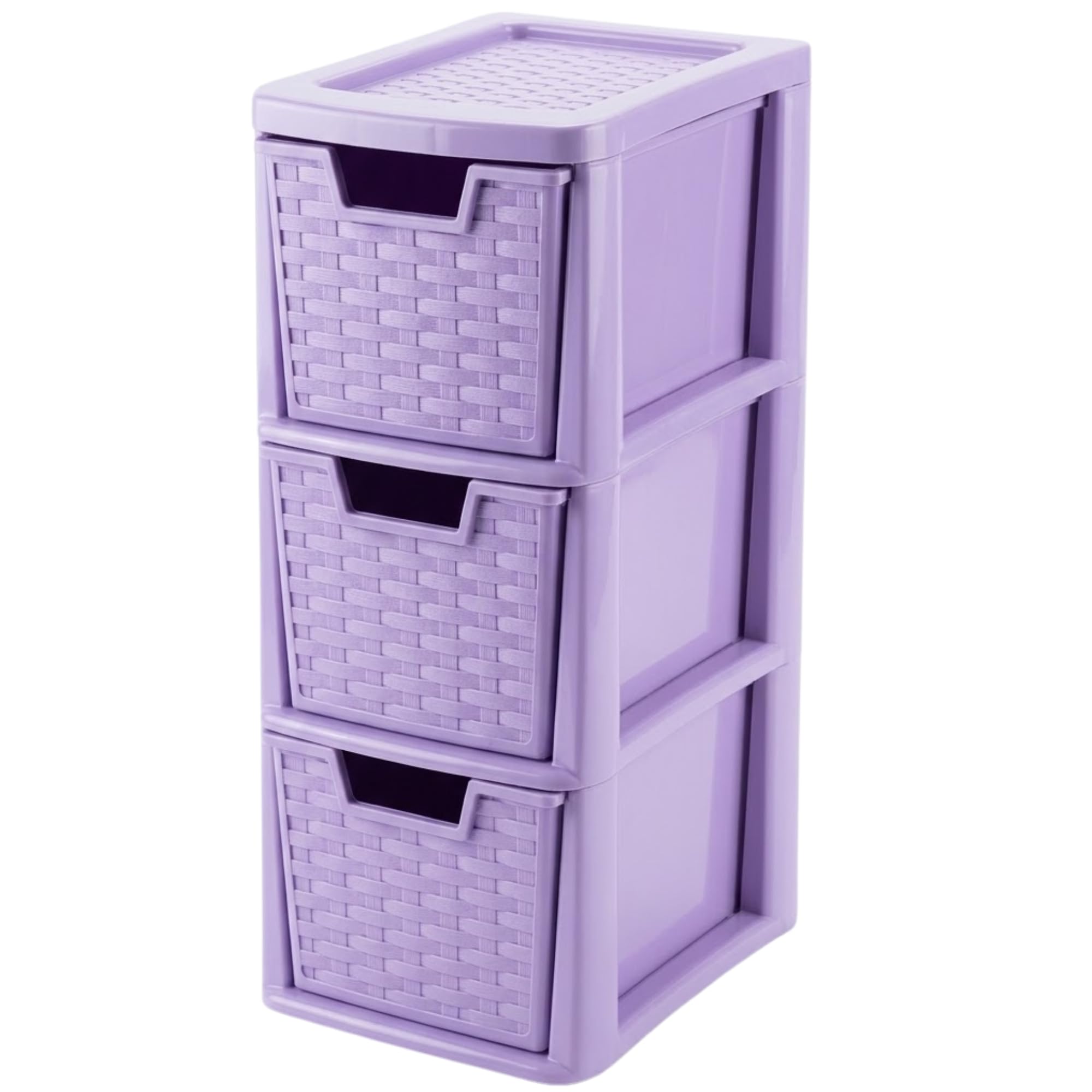 KYY'Z Rattan Effect 3 Drawer Plastic Storage Organizer- Multipurpose Storage Drawer Unit Home Kitchen Office School Garage Bedroom Bathroom Stationery Toys 25Dx19Wx 48Hcm (Lilac, 3 Tier)