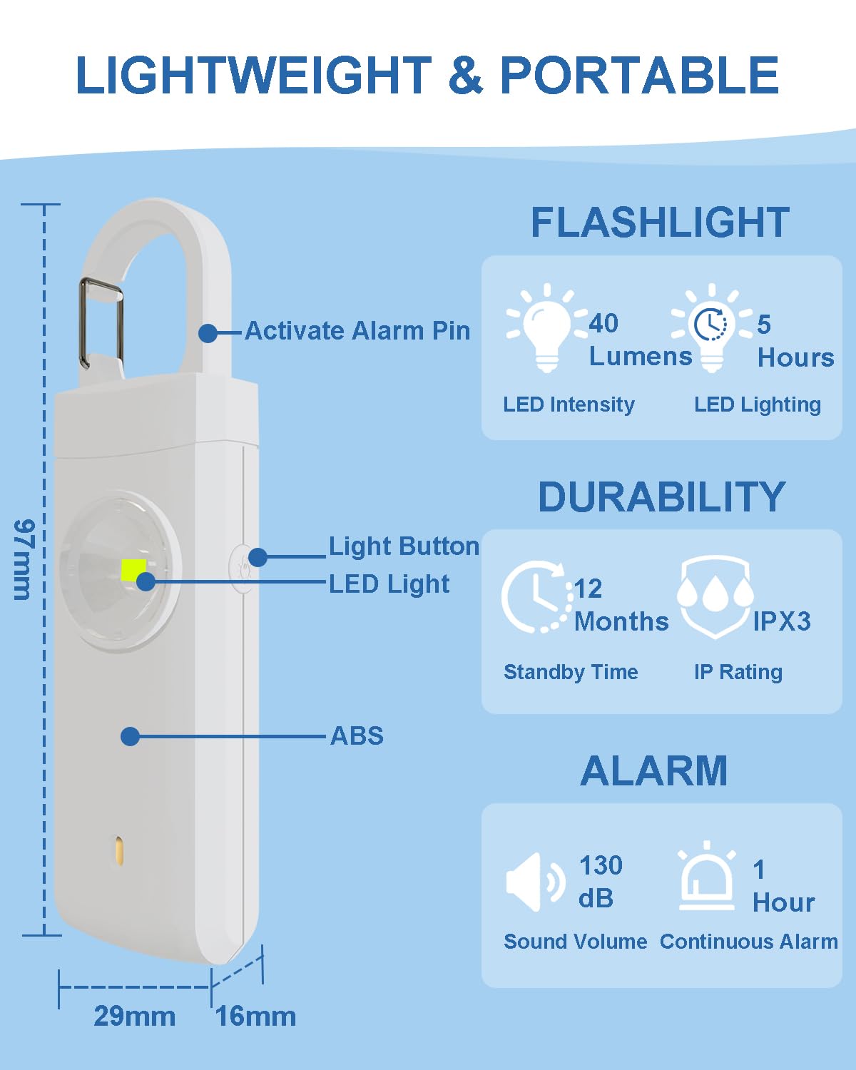 Alarma de seguridad personal recargable para mujeres, sonido de sirena fuerte, luz LED SOS estroboscópica, carga USB, alarma personal, llavero de autodefensa para esposa, hija, estudiante,