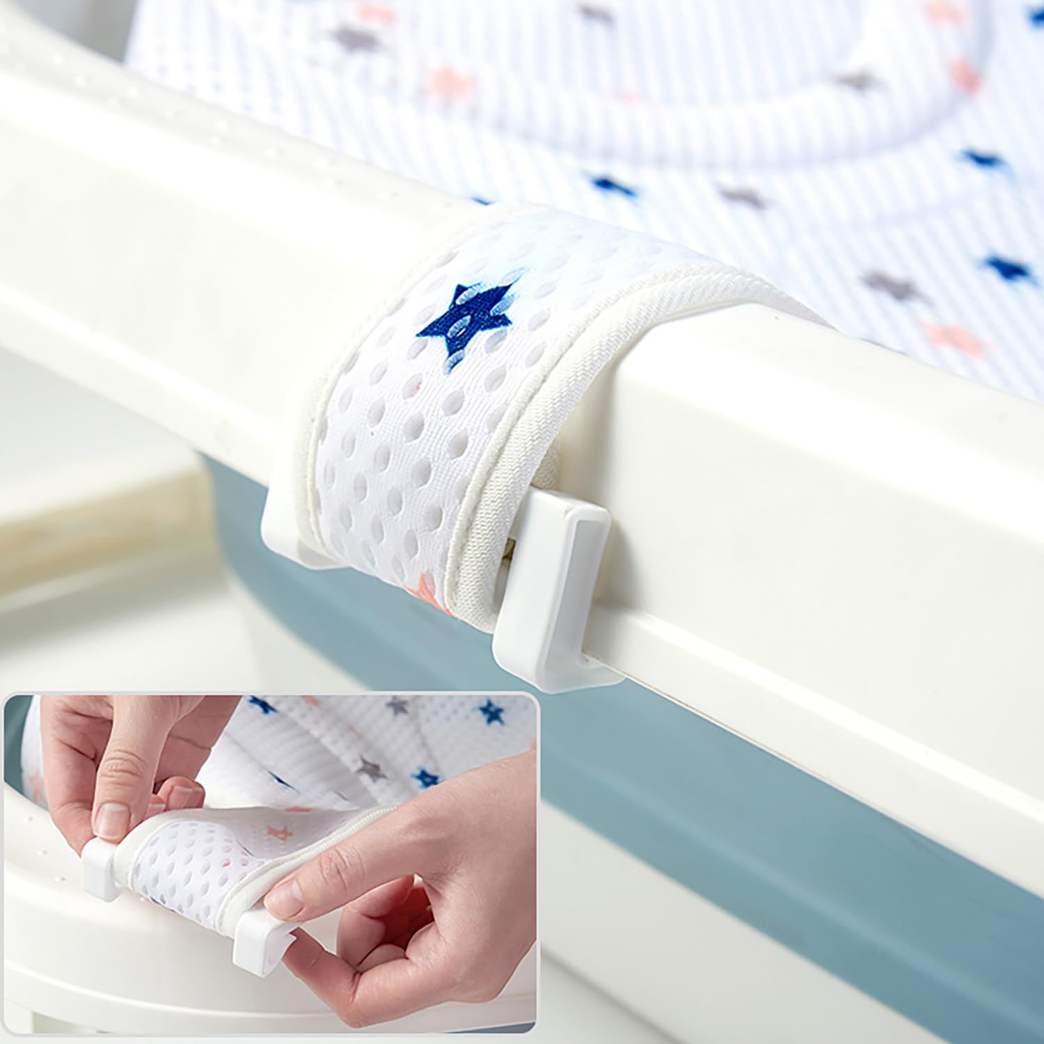 Bain en T Antidérapant pour Bébé - Blanc, Filet de Tapis maille, Support Nouveau-né avec Sangles Ajustables, Siège de Bain Confortable, 0-12 Mois