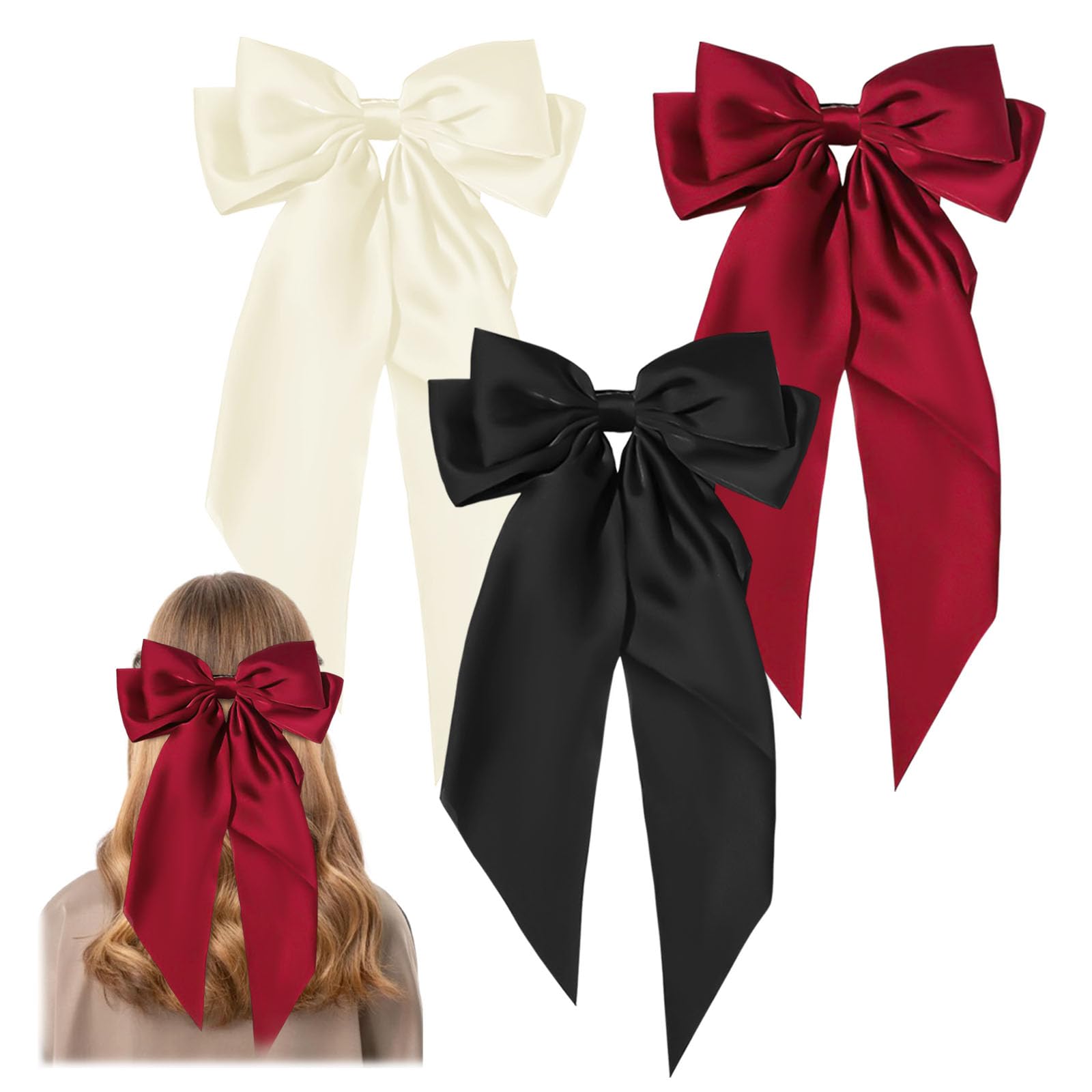 3Pcs Big Bow Hair Clip French Hair Clip Big Bowknot Hairpin with Long Silky Satin Solid Color Tail White and Black and Red for Women Girls Barrettes Hair Fastener Accessories