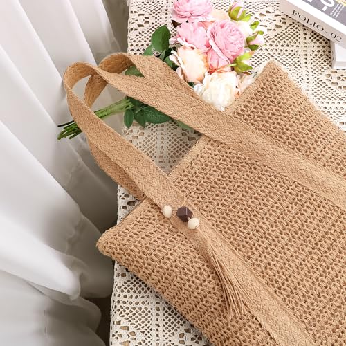 Bolso tote grande tejido de paja para mujer con sombrero miniatura 2