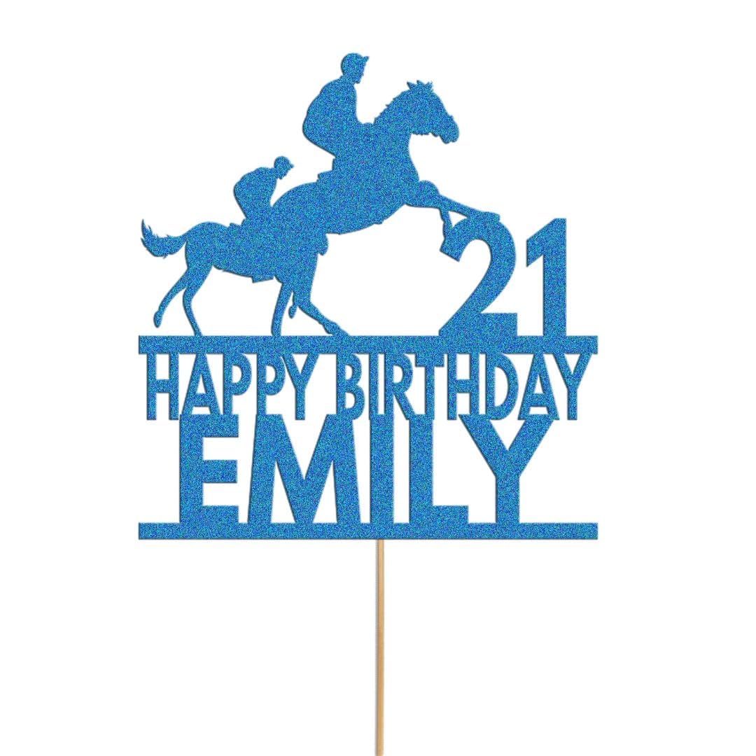 Personalised Horse Racing Birthday Cake Topper Decoration | Custom Name & Age | Horse Racing Party Cake Decor | Glitter Card Topper for Kids & Adults (Blue)