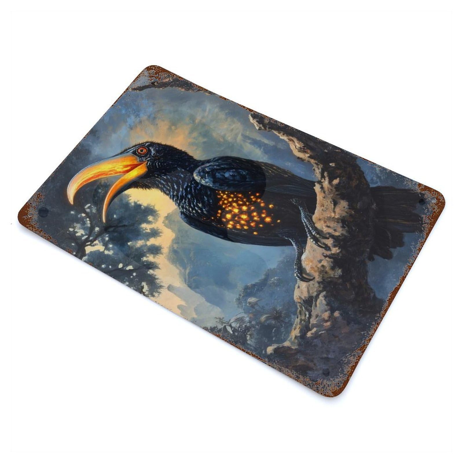 Glowing Bird on Branch Rust Effect Tin Sign 11.8"x7.9", Ideal for Farmhouse, Kitchen And Entryway Decor
