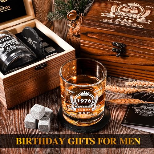veecom 50th Birthday Gifts Men, 50th Birthday Whiskey Glass 354ml, 1976 Whisky Glasses for 50 Year Old Man, Rum Glass Old Man Gifts Ideas for Him, Dad, Husband, Grandpa - Wood Box & Whiskey Stones - Image 6