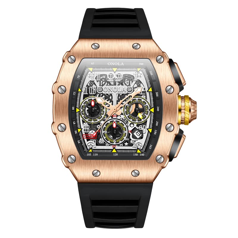 OVERFLY Silicone Rose-Gold Rectangle Dial Chronograph Luxury Mens Watch (B0BFJ89GD9) Amazon Price History, Amazon Price Tracker