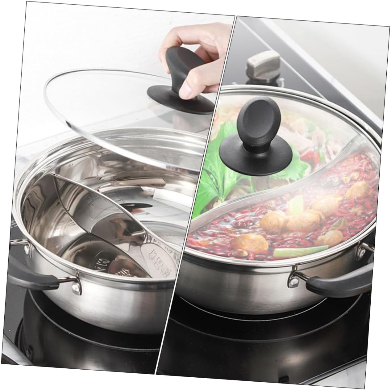 VOSAREA 1pc Two Sided Pot Electric Gas Induction Cookware Stainless Steel Hot Pot Handles Kitchen Supply