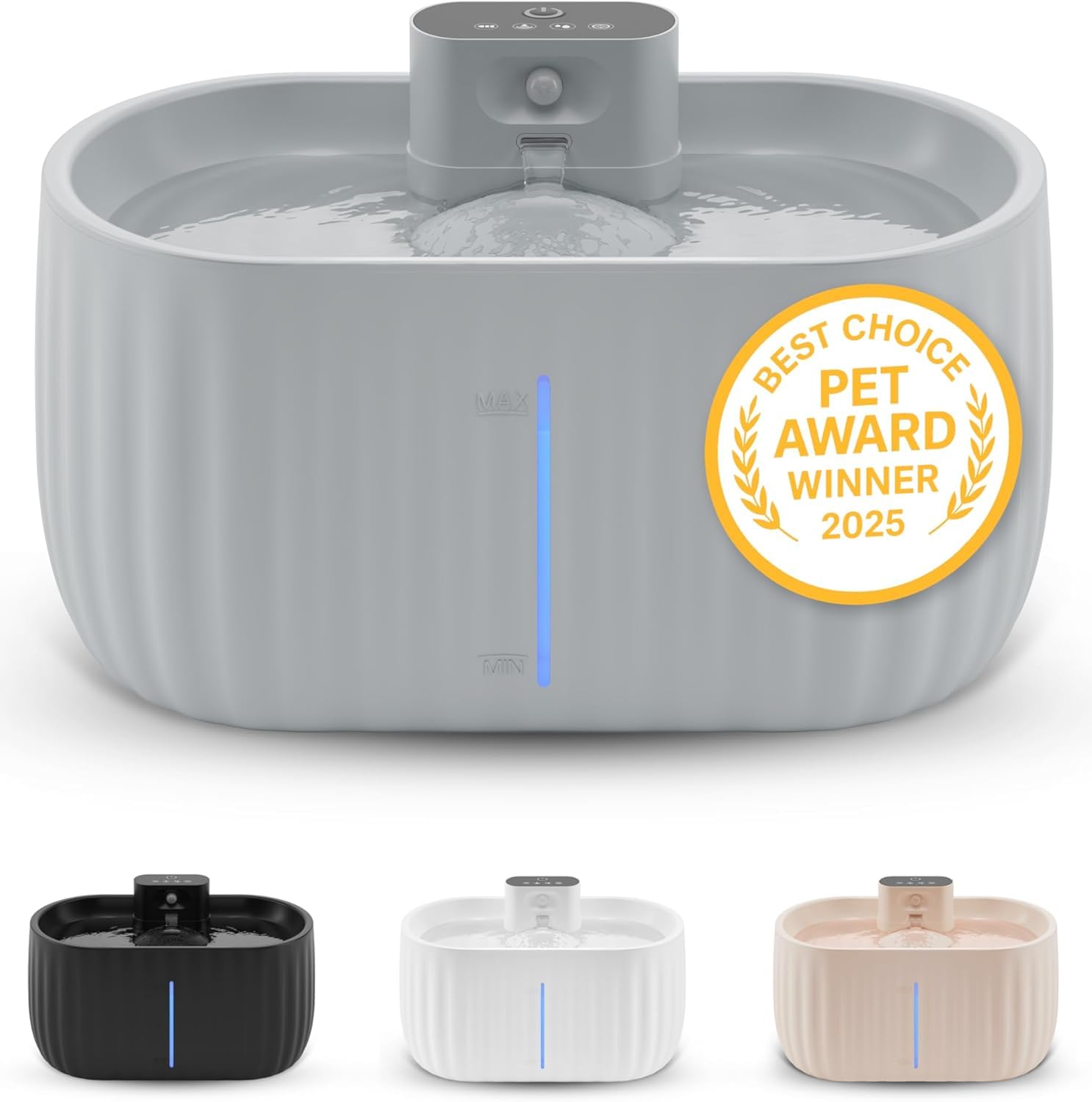 Pretty Paw Fontaine à Eau pour Chat sans Fil 3L - Détecteur de Mouvement, Pompe silencieuse, Fontaine pour Chat Rechargeable avec Filtre, Placement Flexible sans câble - Aqua Sense (Gris)