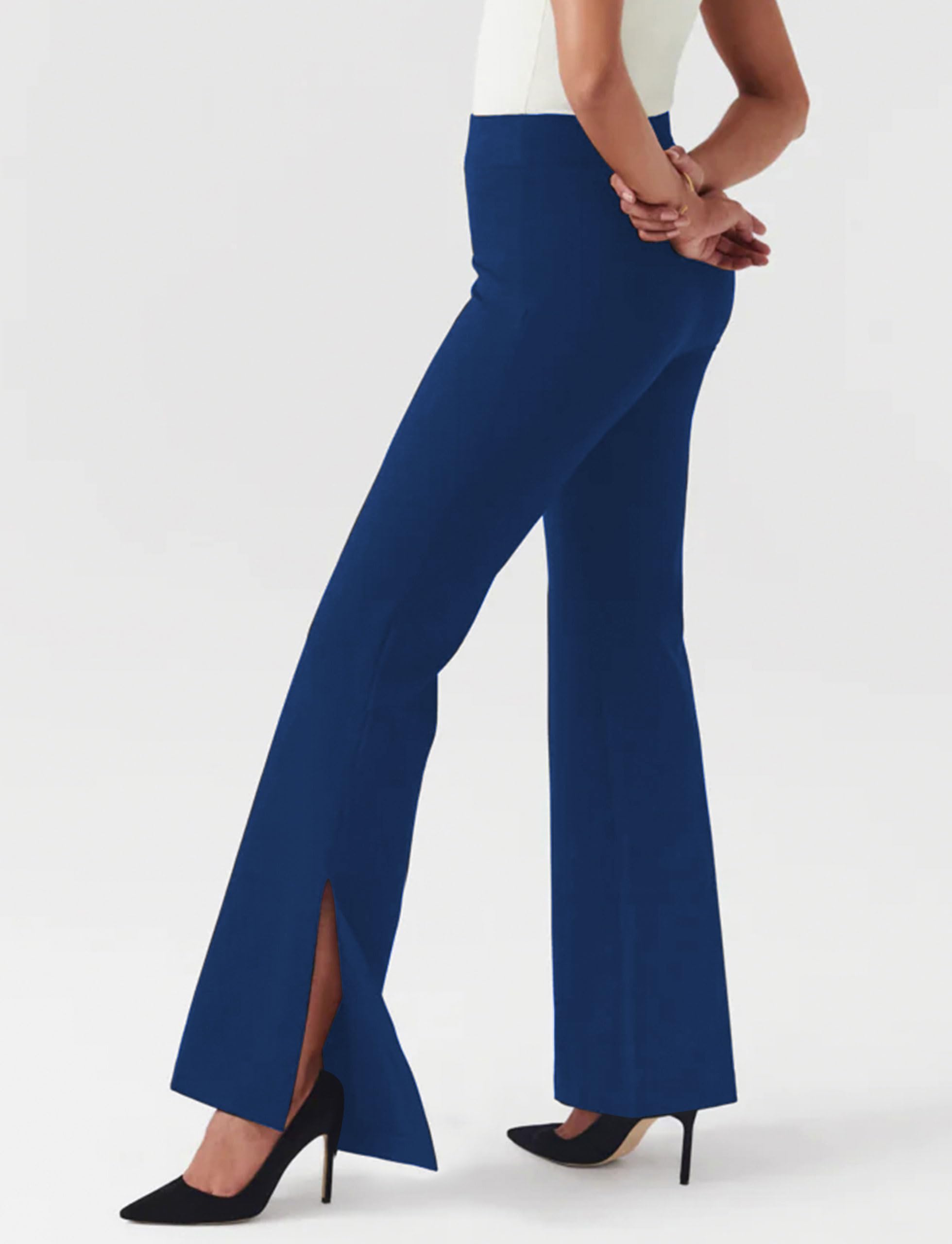 Houmous Women Bootcut Yoga Dress Pants High Waist Split Hem Flare Work Pants with Pockets Stretchy Pull On Long Pant Casual Slack(Regular-31 Inseam,Navy Blue, XL)