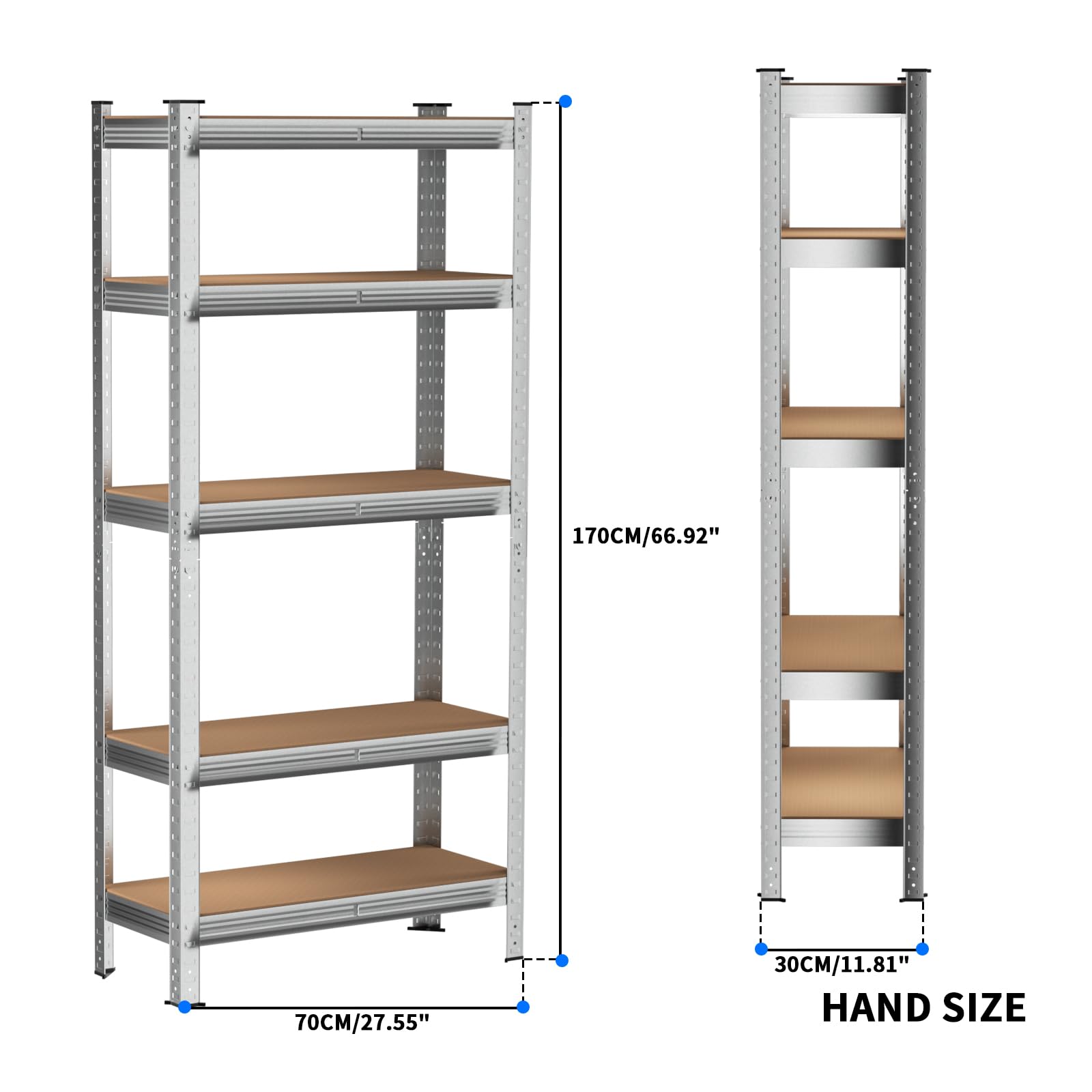 VickyHome 5 Ablagen Regal Lagerregal, 170x75x30CM Kellerregal Steckregal Metall Werkstattregal für Werkstatt, Garage und Keller, 875kg Traglast, 5 Böden, Silber