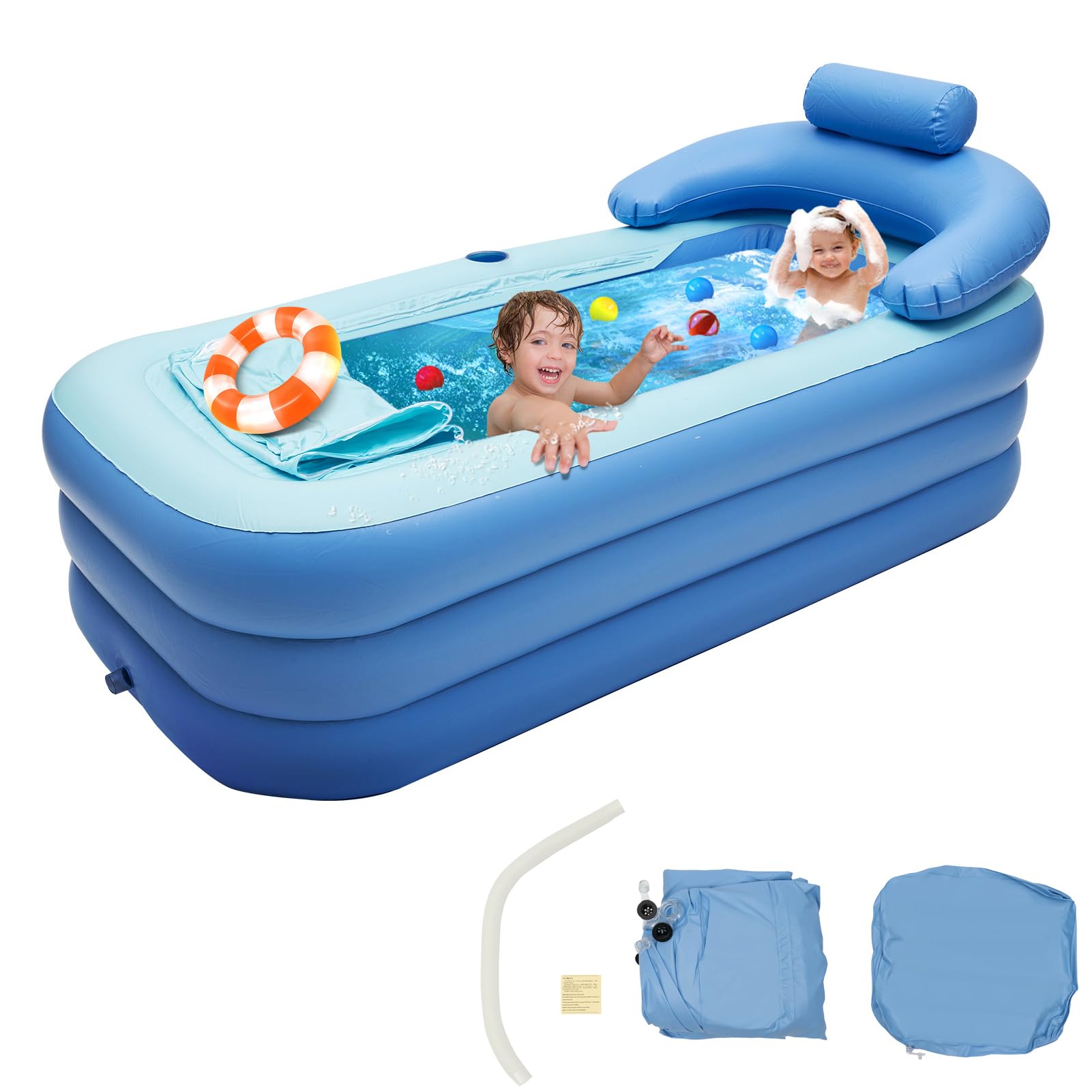 Inflatable Bath, PVC Portable Bathtub with Inflatable Cushion & Drainage Pipe, 150 * 80cm Foldable Inflatable Pools, Portable Tub for Adults & Kids (Blue)