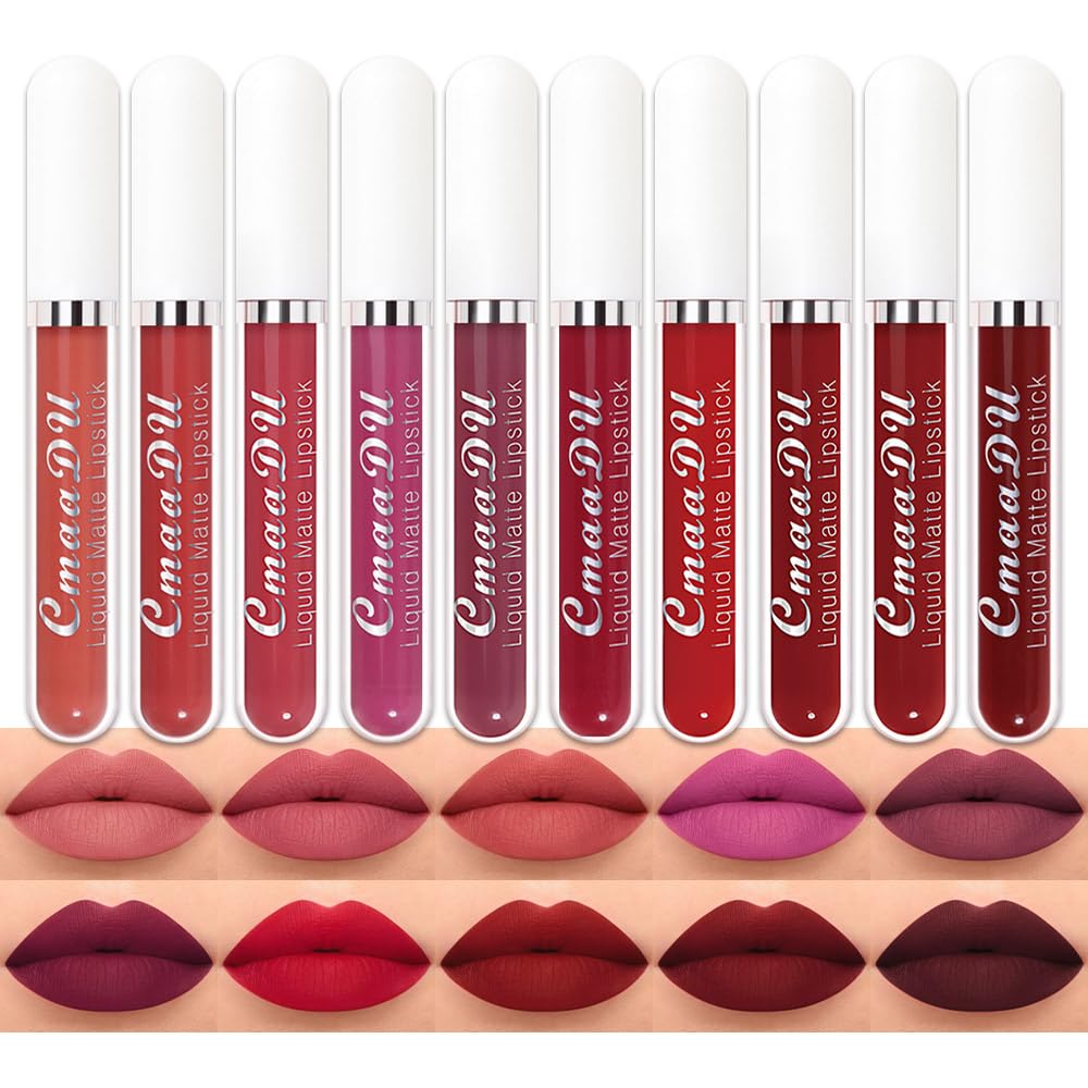 evpct 10Pcs Liquid Matte Matt Lipstick Set for Black Women, Dark Deep Bright Ruby Sexy Brick Mauve Plum Red Violet Purple Matte Lipstick Long Lasting Lipstick 24 hour Waterproof Lip Gloss Set A 0.09 Fl Oz (Pack of 10)