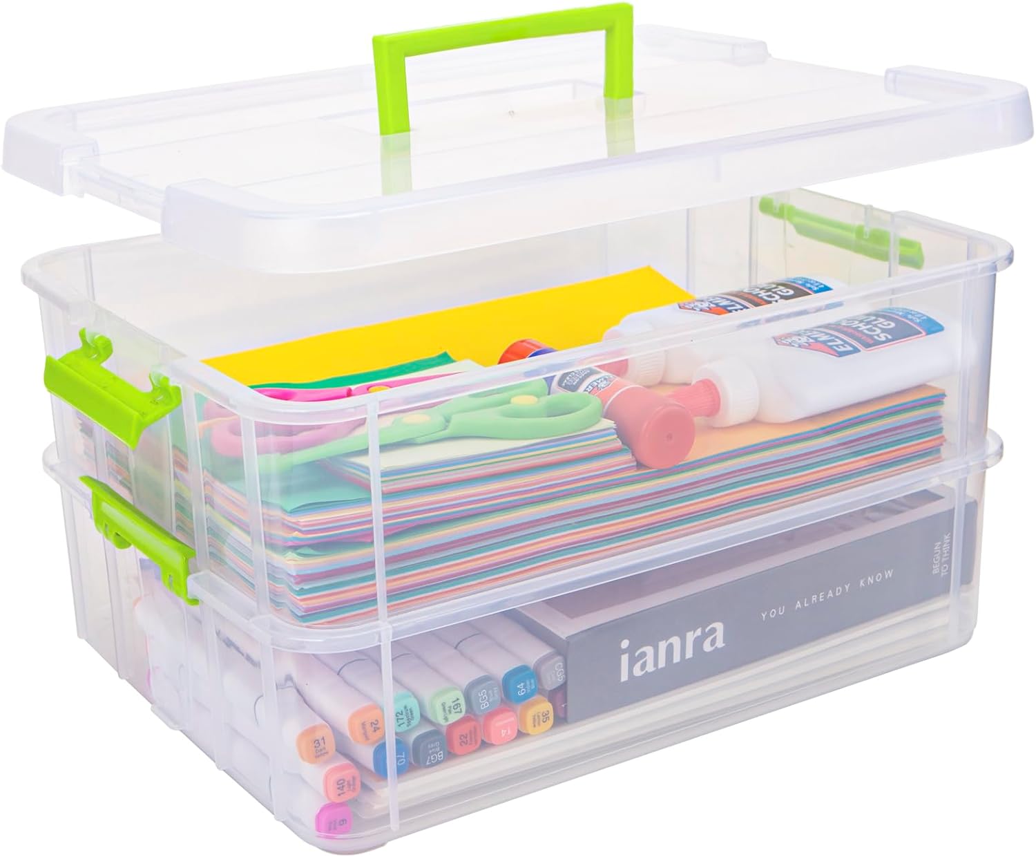 2 Layer Plastic Storage Containers with Lids, Multipurpose Clear Stack & Carry Box, Portable Craft Organizers and Storage Bin for Organizing Art & Craft, Sewing, Makeup, Nail Supplies (Green)