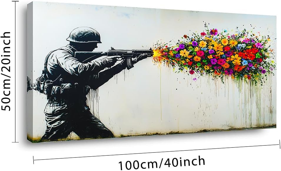 GAFSING Black Soldier with Colorful Flower Wall Art for Living Room Office Peaceful Urban Contemporary Painting Prints Banksy Style Canvas Artwork Dining Bedroom Decor