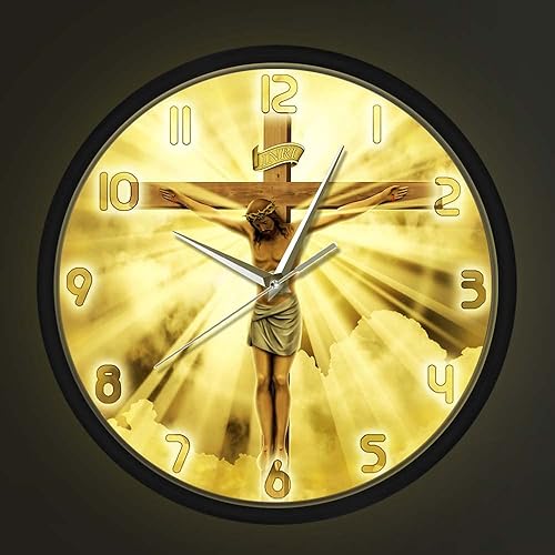 Geek Alerts Reloj de pared con control de voz LED Jesucristo en cruz Viernes Santo Calvario Marco de metal, reloj de pared cristiano espiritual Dios