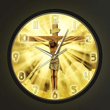 Geek Alerts Voice Control LED Lighting Clock Jesus Christ On Cross Good Friday Calvary Metal Frame Wall Clock Christian Spiritual God Prayer Silent Wall Watch Bible Faith Home Decor