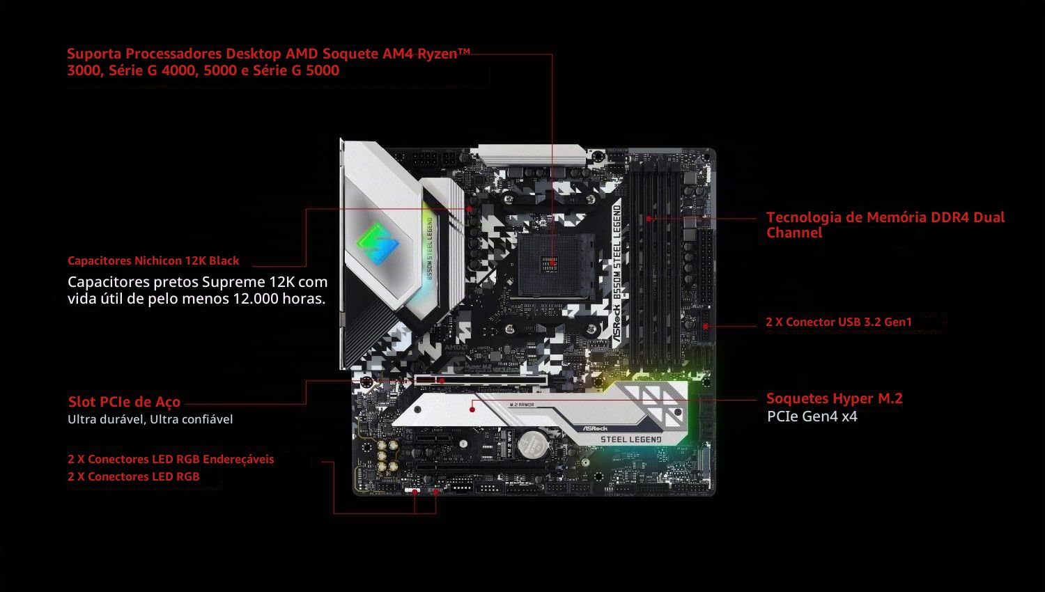 Placa mãe ASRock B550M Steel Legend Suporta 3ª geração AMD AM4
