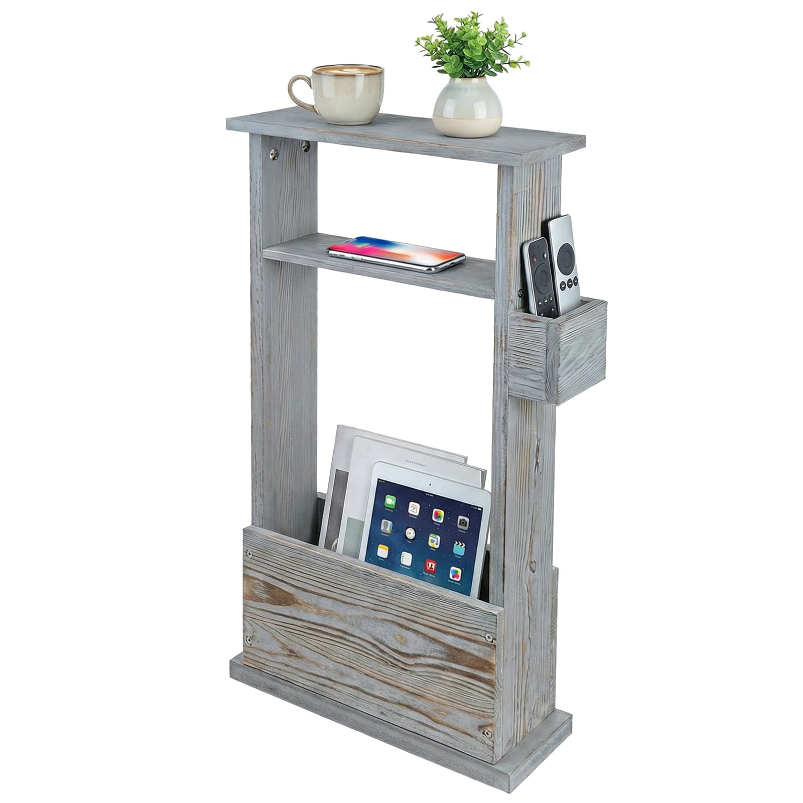 MyGift Narrow Side Table, Slim End Sofa Table in Vintage Gray Wood with Storage Shelf, Magazine and Remote Holder