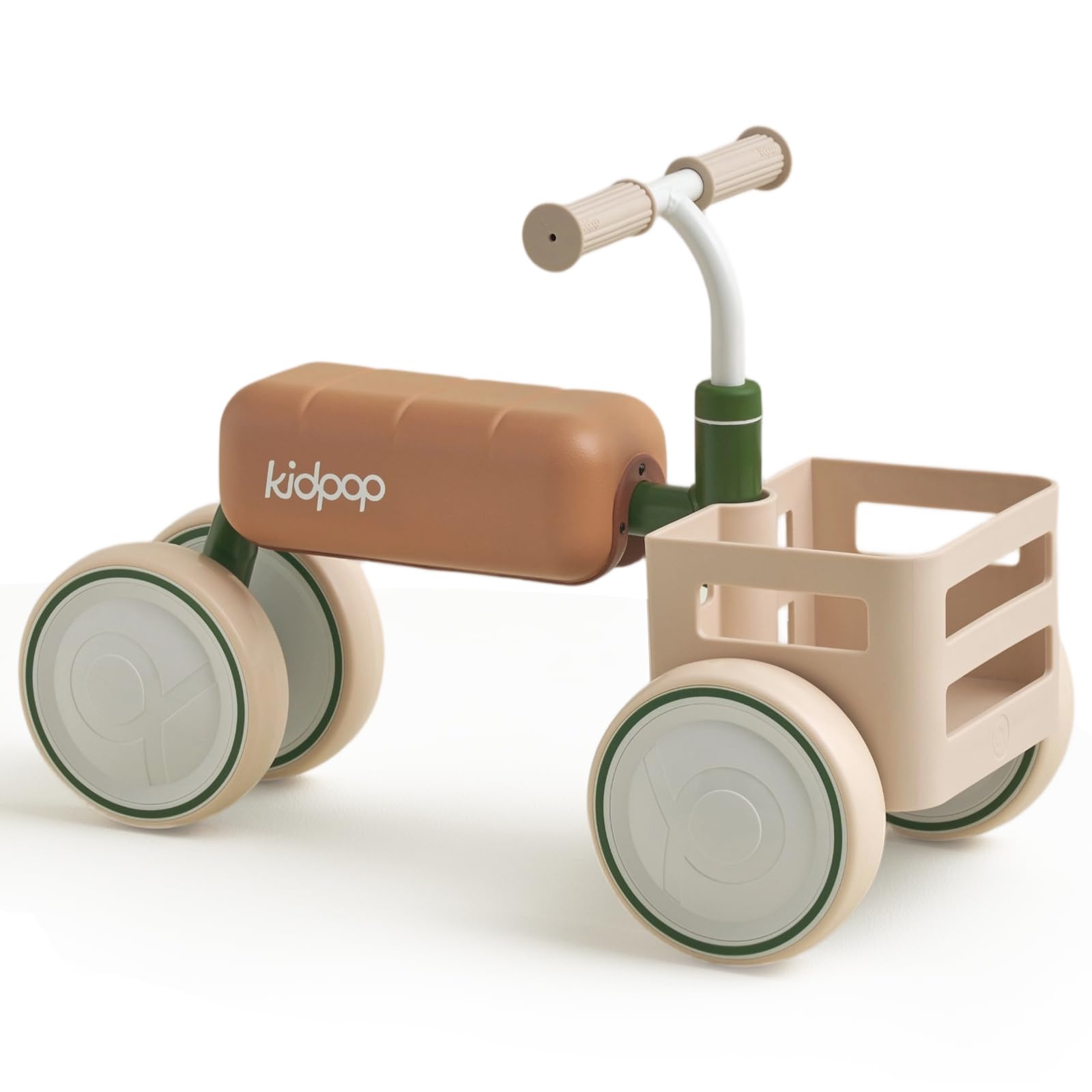 Kidpop Toast Bicicleta sin Pedales, Bicicleta de Equilibrio, Juguete Bebés de 10 a 36 Meses, 4 Ruedas de EVA, Cesta extraíble Apta para Alimentos, Asiento Desmontable, Verde