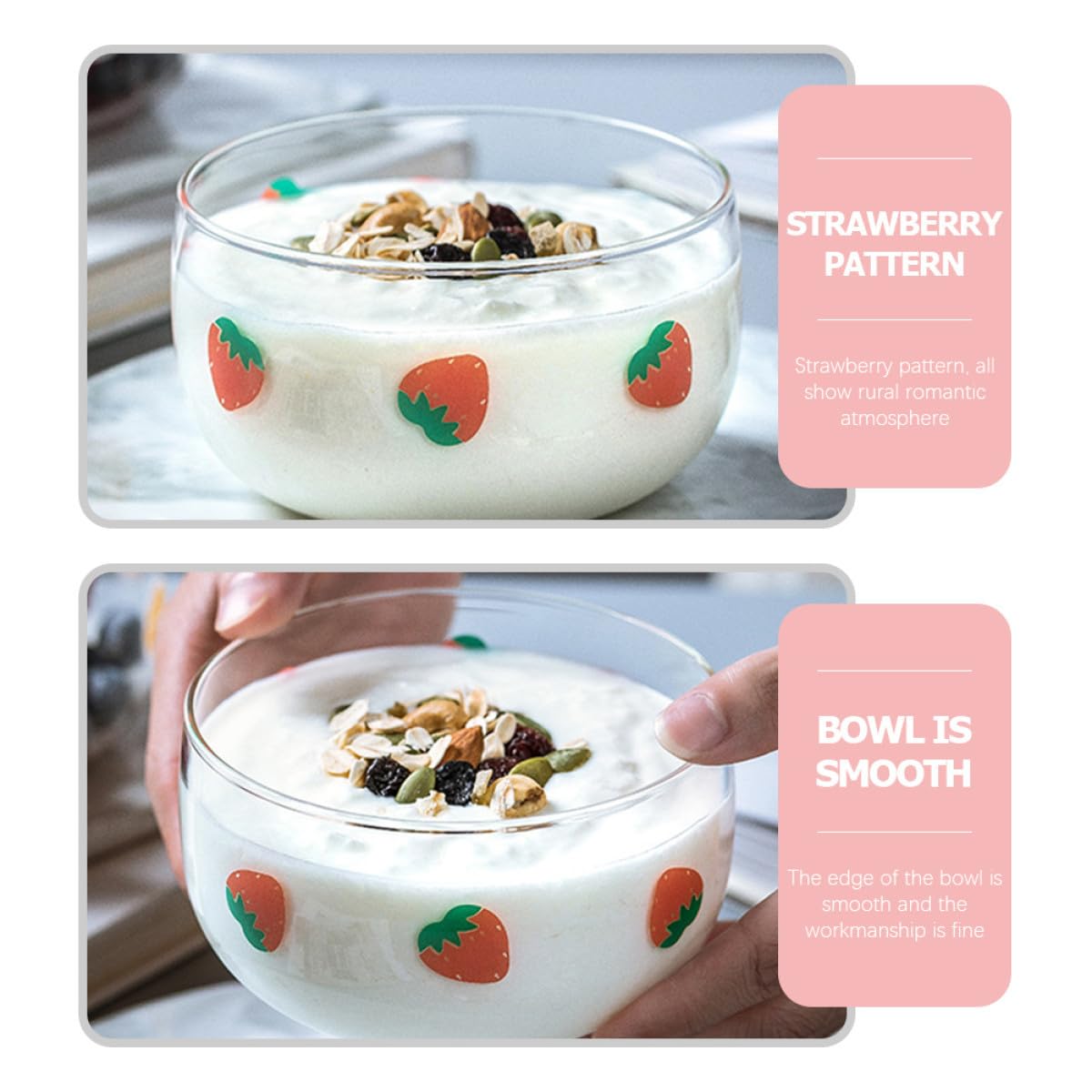 Cabilock 4 Piezas Cuencos de Vidrio con Diseño de Fresa para Ensaladas y Frutas Recipientes para Servir Postres Cocina Doméstica