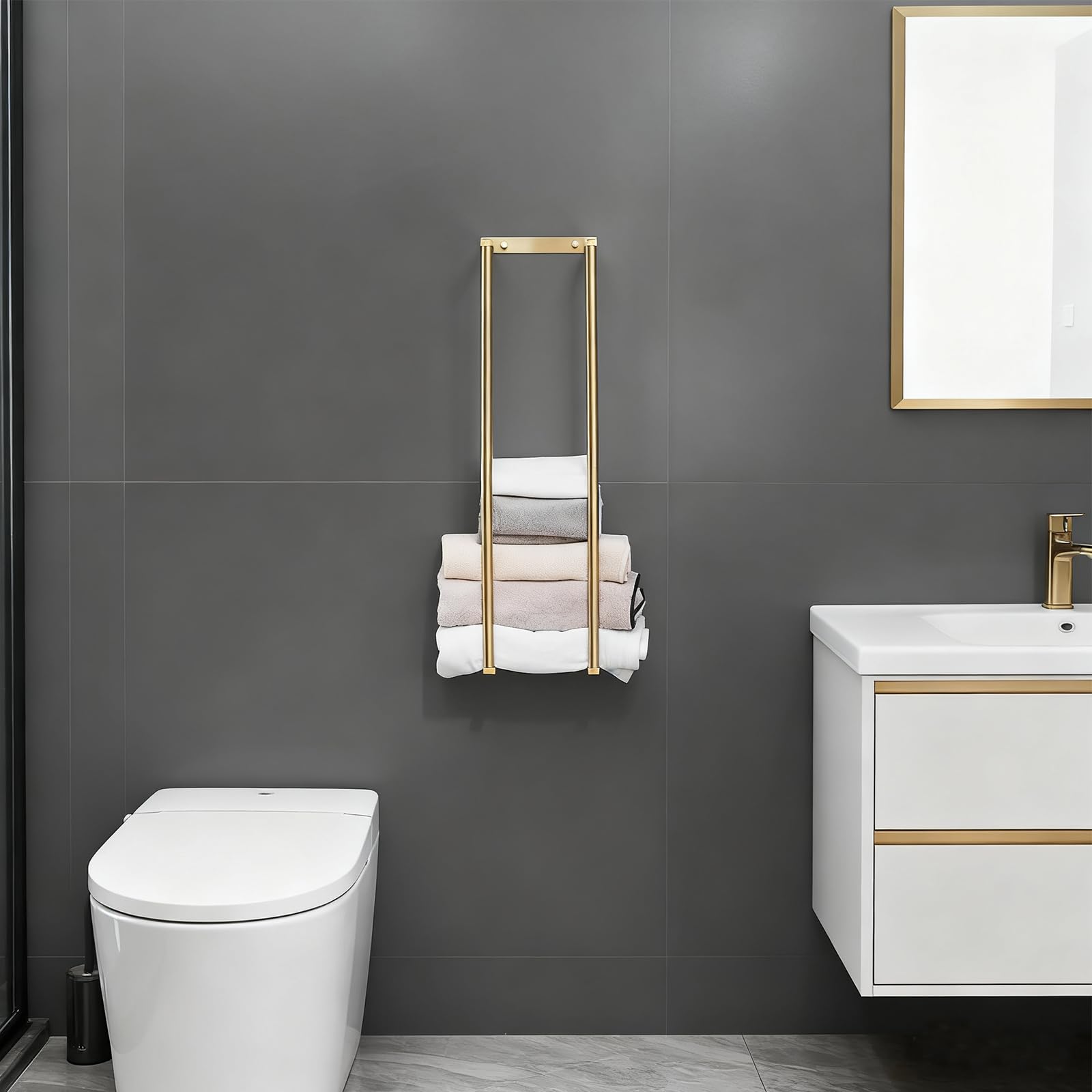 NEWRAIN Porte-serviettes pour salle de bain, en acier inoxydable, porte-serviettes enroulé, support mural pour grandes serviettes pliées, organisation de salle de bain, or brossé