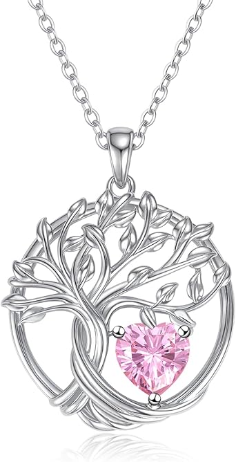 Tree of Life Necklace Women's 925 Sterling Silver Tree of Life Pendant Chain Heart Birthstone Personalized Jewellery Gift for Girls Mother Daughter Sister Girlfriend Birthday Christmas